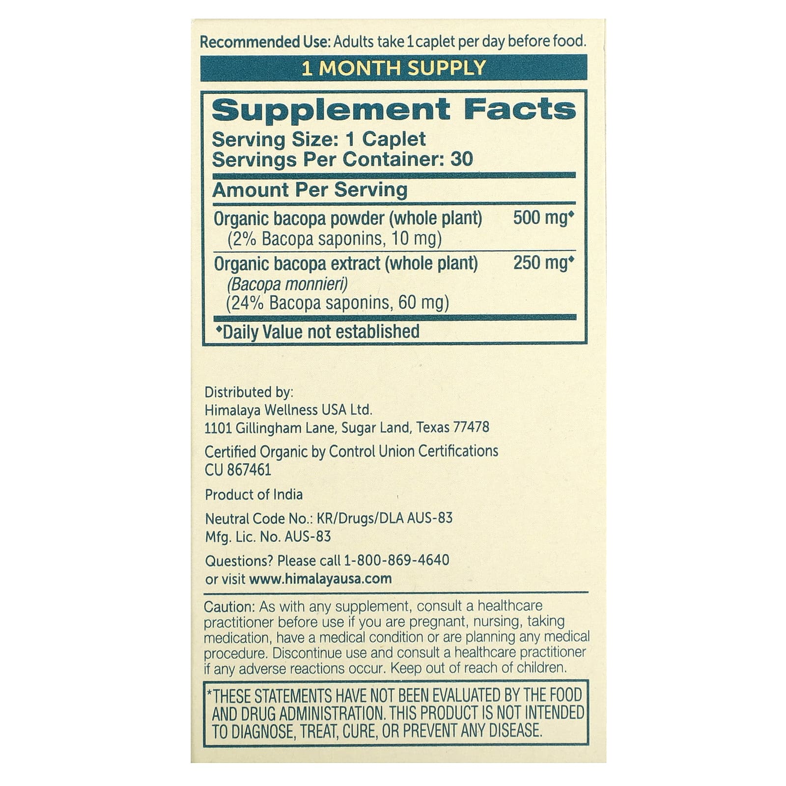 Himalaya Organic Bacopa Mental Clarity Supplement 30 Caplets - Image 2