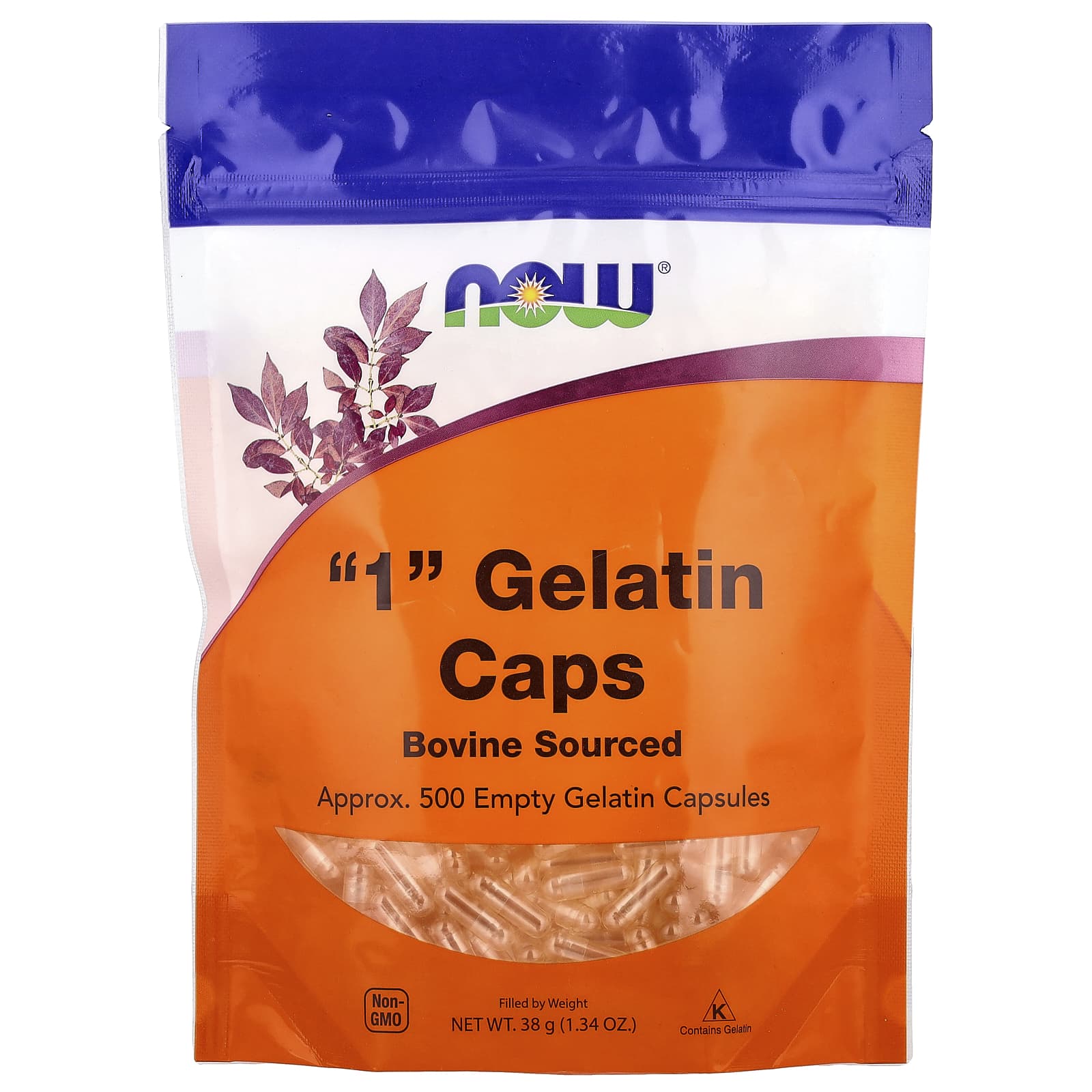 NOW Foods, "1" Gelatin Caps, Approx. 500 Empty Gelatin Capsules, 1.34 oz (38 g) - Image 1