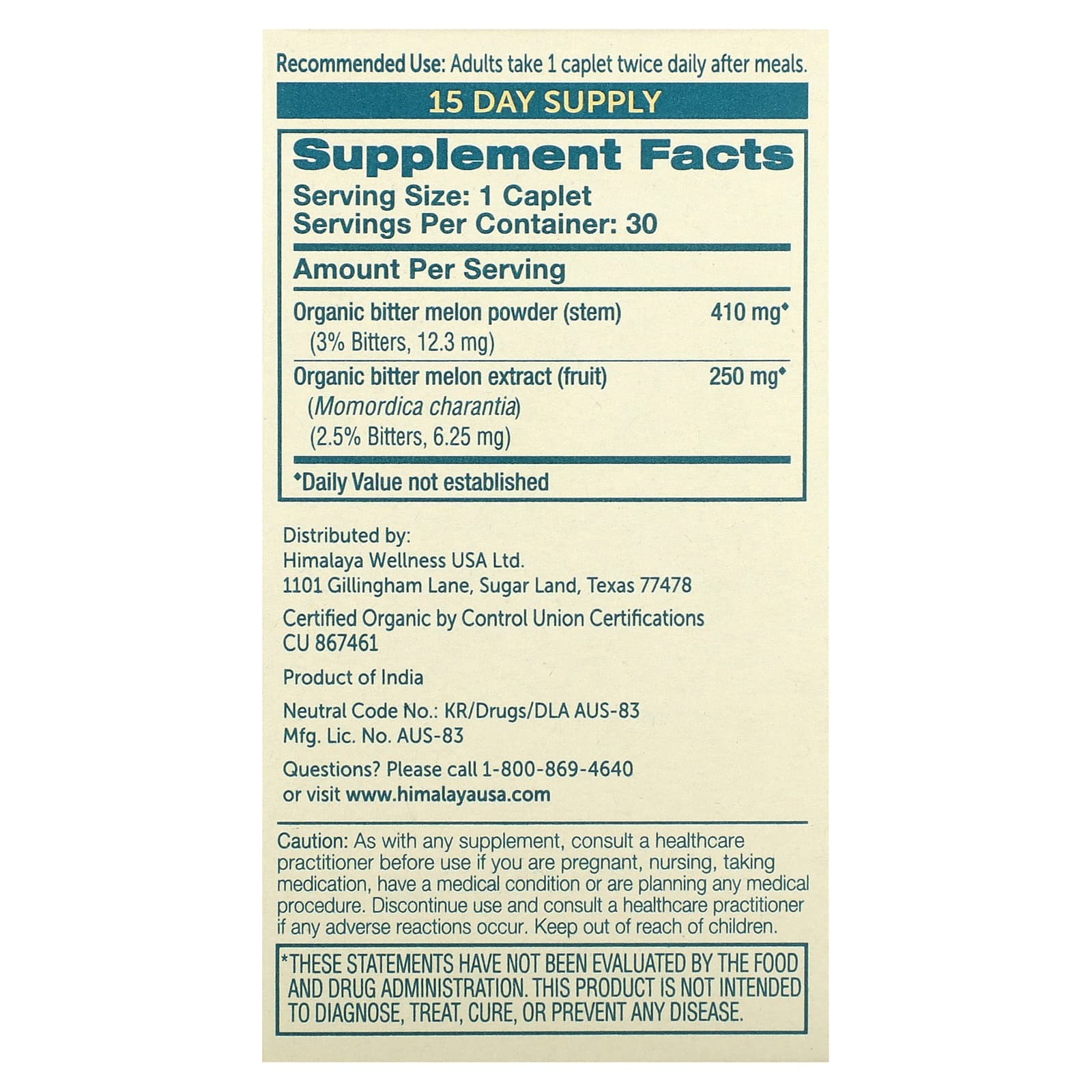 Himalaya Organic Bitter Melon 30 Caplets, Balanced Blood Sugar Levels - Image 2