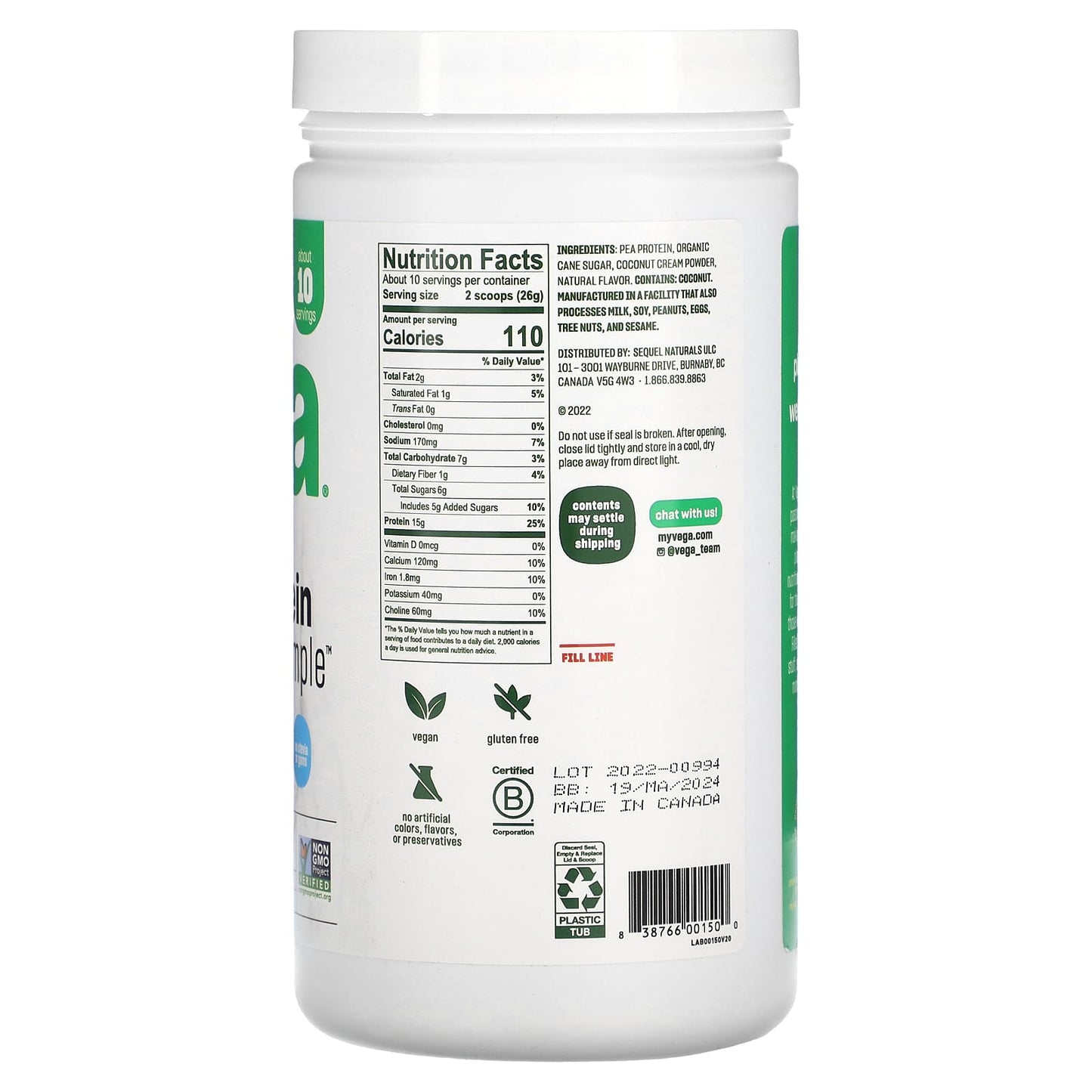 Vega, Plant-Based Protein Made Simple, Vanilla, 9.2 oz (259 g) - Image 2