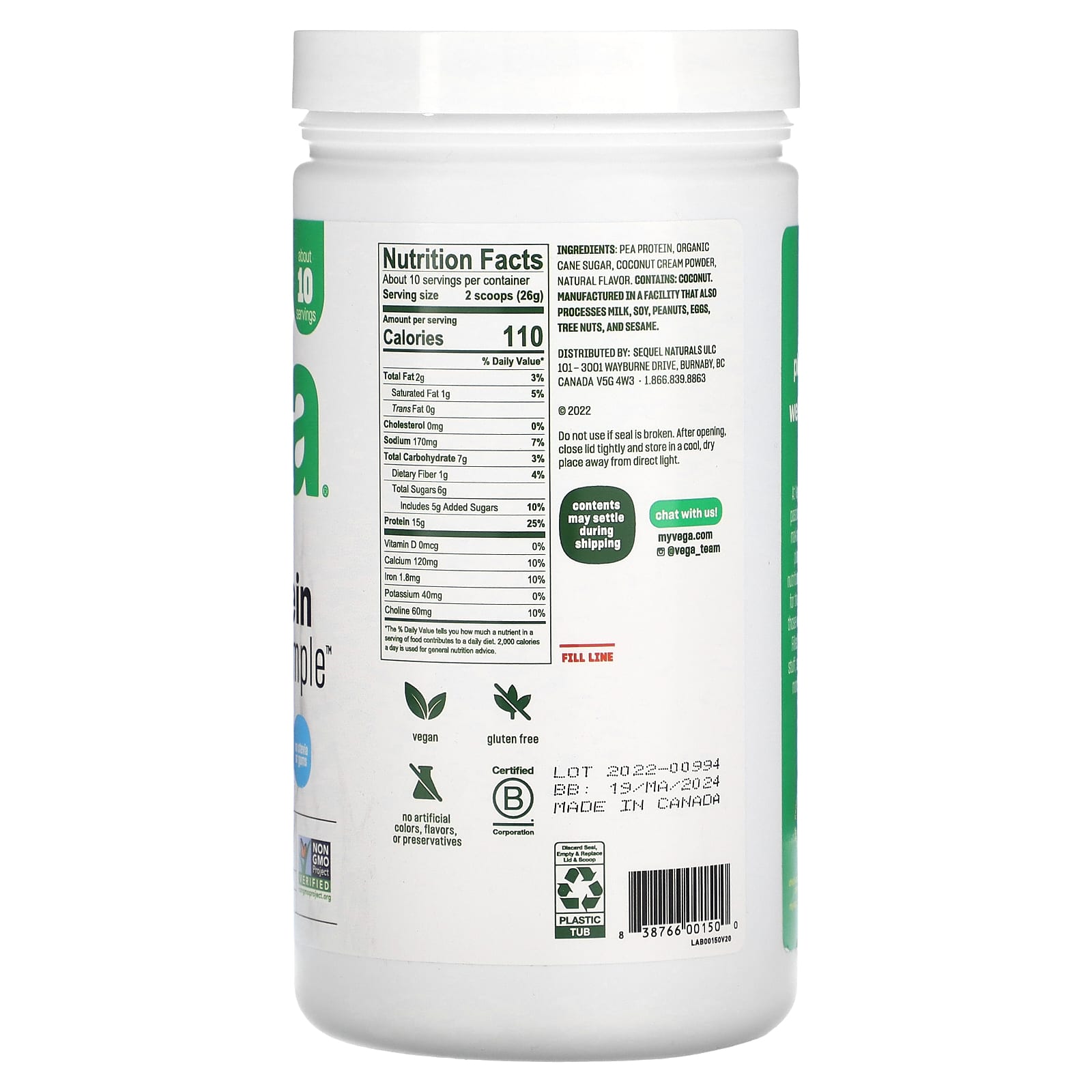 Vega, Plant-Based Protein Made Simple, Vanilla, 9.2 oz (259 g) - Image 2