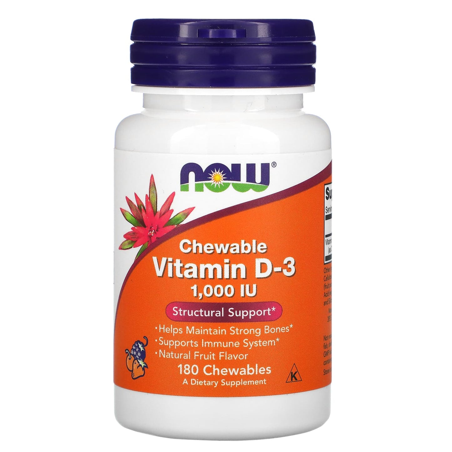 NOW Foods, Chewable Vitamin D-3, Natural Fruit Flavor, 1,000 IU, 180 Chewables - Image 1