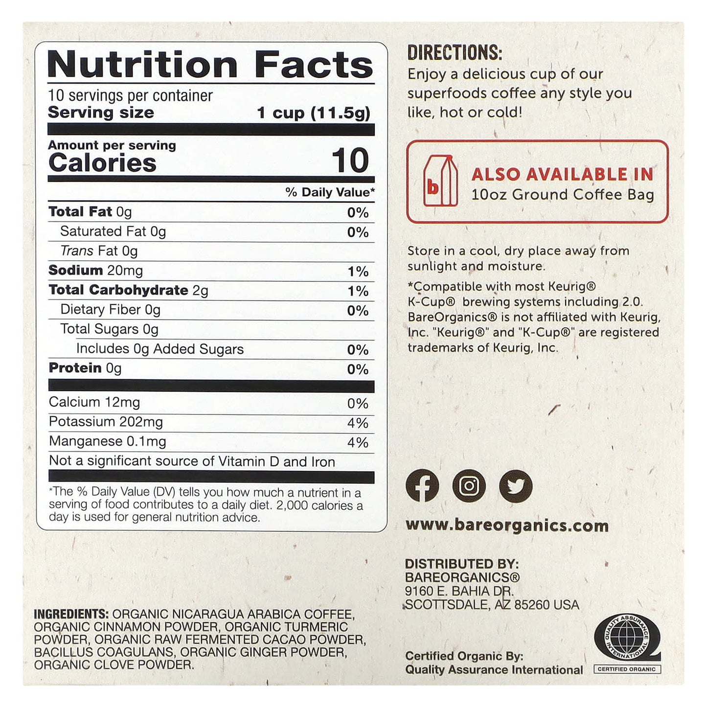 BareOrganics USDA Organic Coffee with Superfoods & Probiotics - 10 Cups - Image 2
