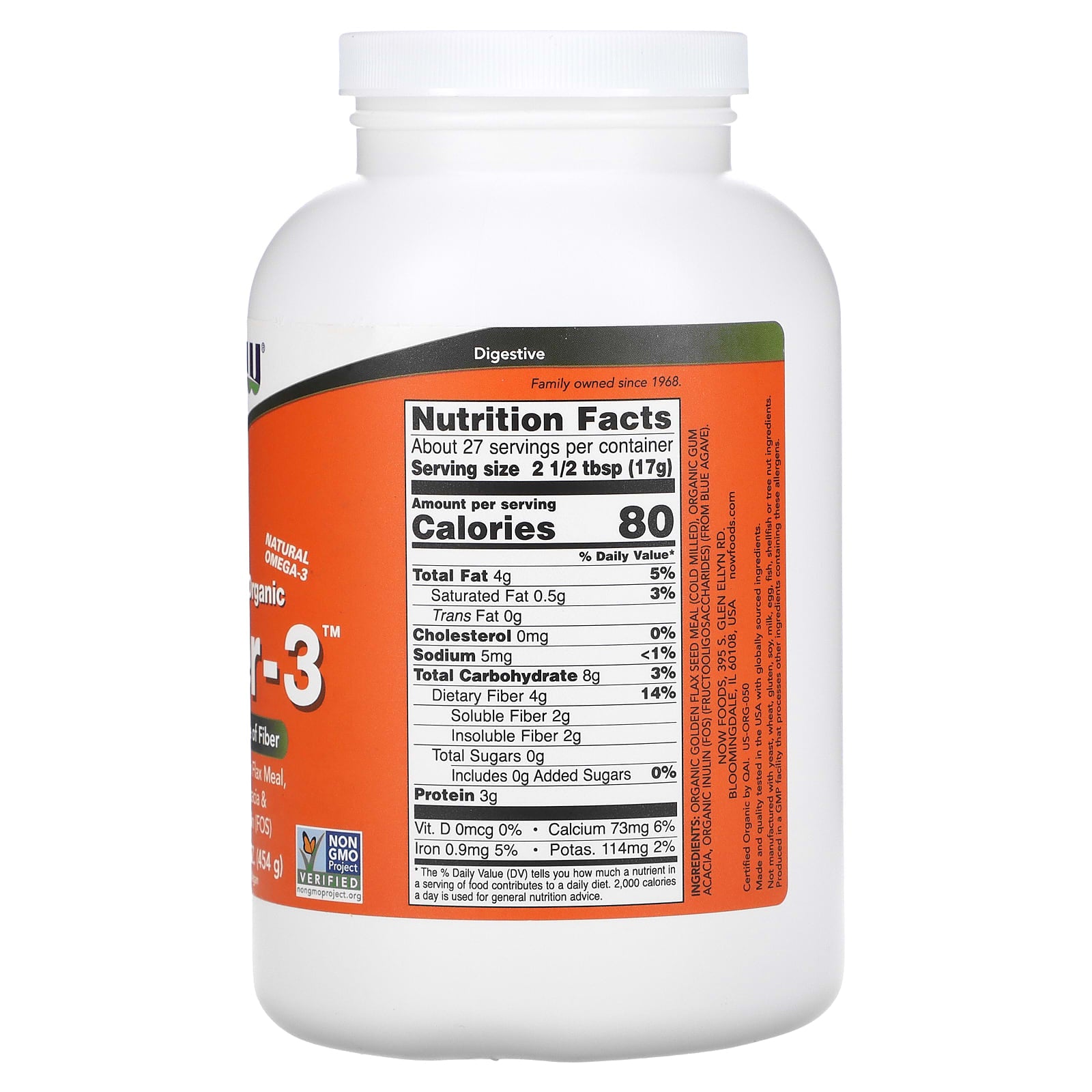 NOW Foods, Certified Organic, Fiber-3, Powder, 16 oz (454 g) - Image 2