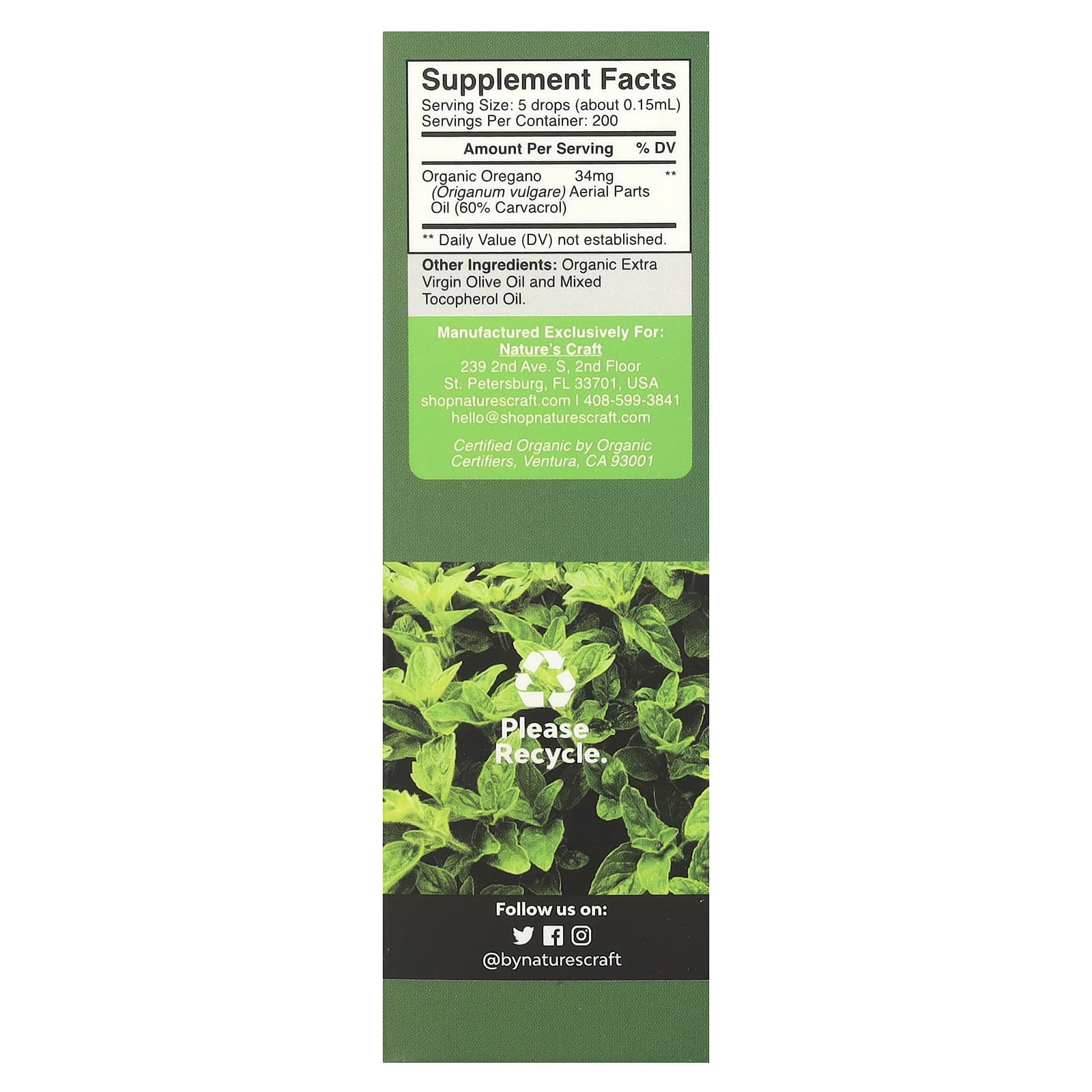 Nature's Craft, Organic Oil of Oregano, Alcohol-Free, 34 mg, 30 ml - Image 2