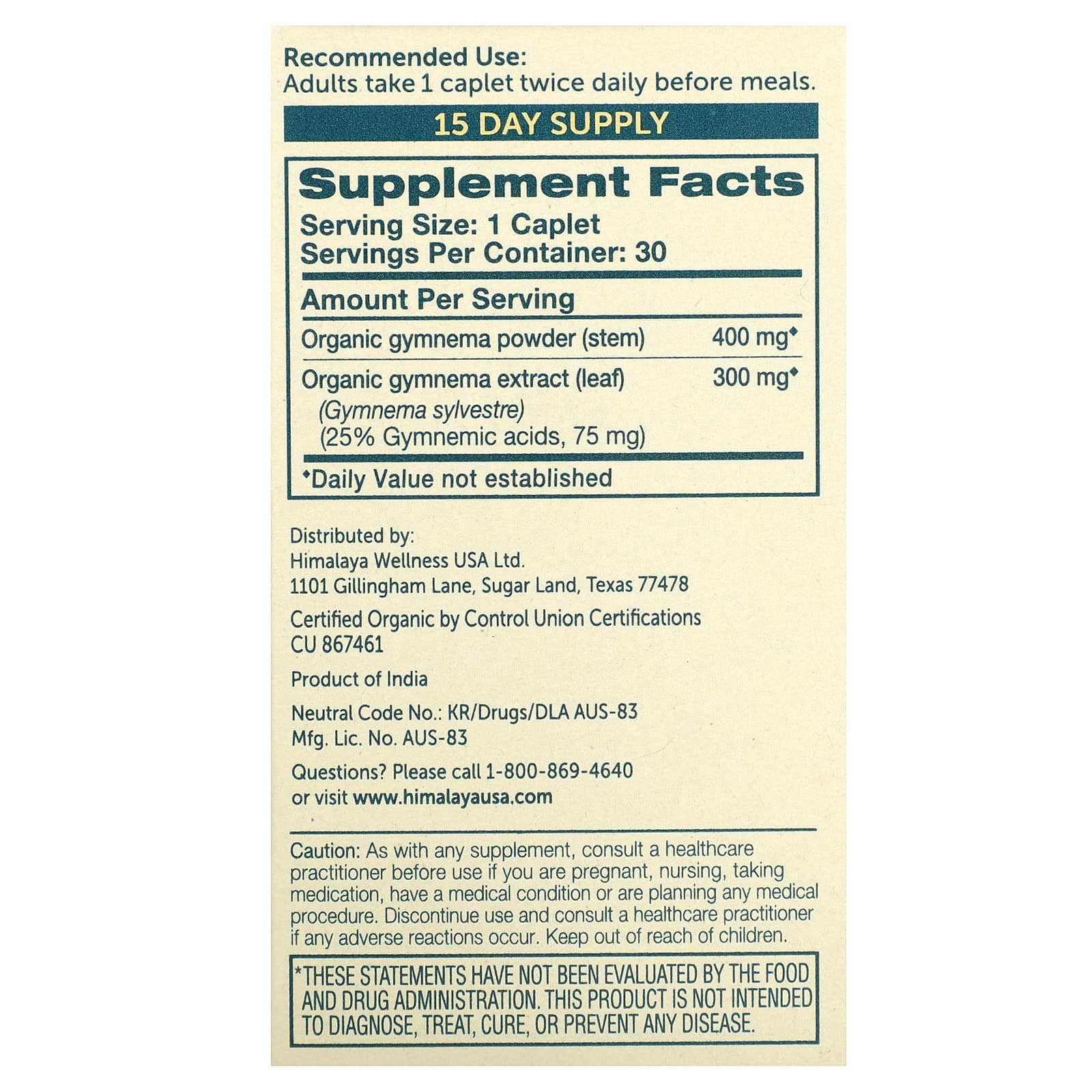 Himalaya Organic Gymnema 30 Caplets for Blood Sugar Balance - Image 2