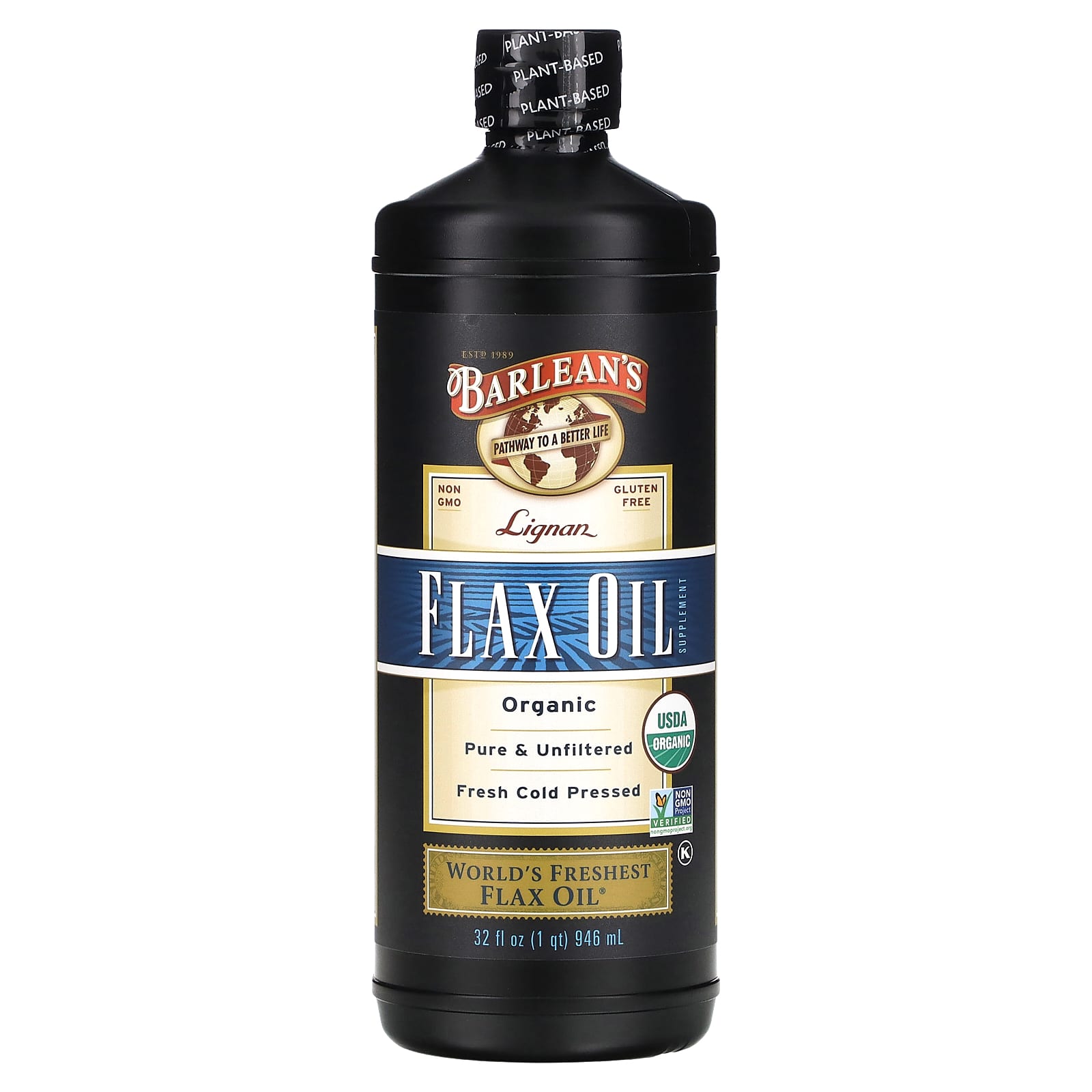 Organic Lignan Flax Oil 32oz - Cold Pressed, USDA Organic, Vegan Omega-3 - Image 1
