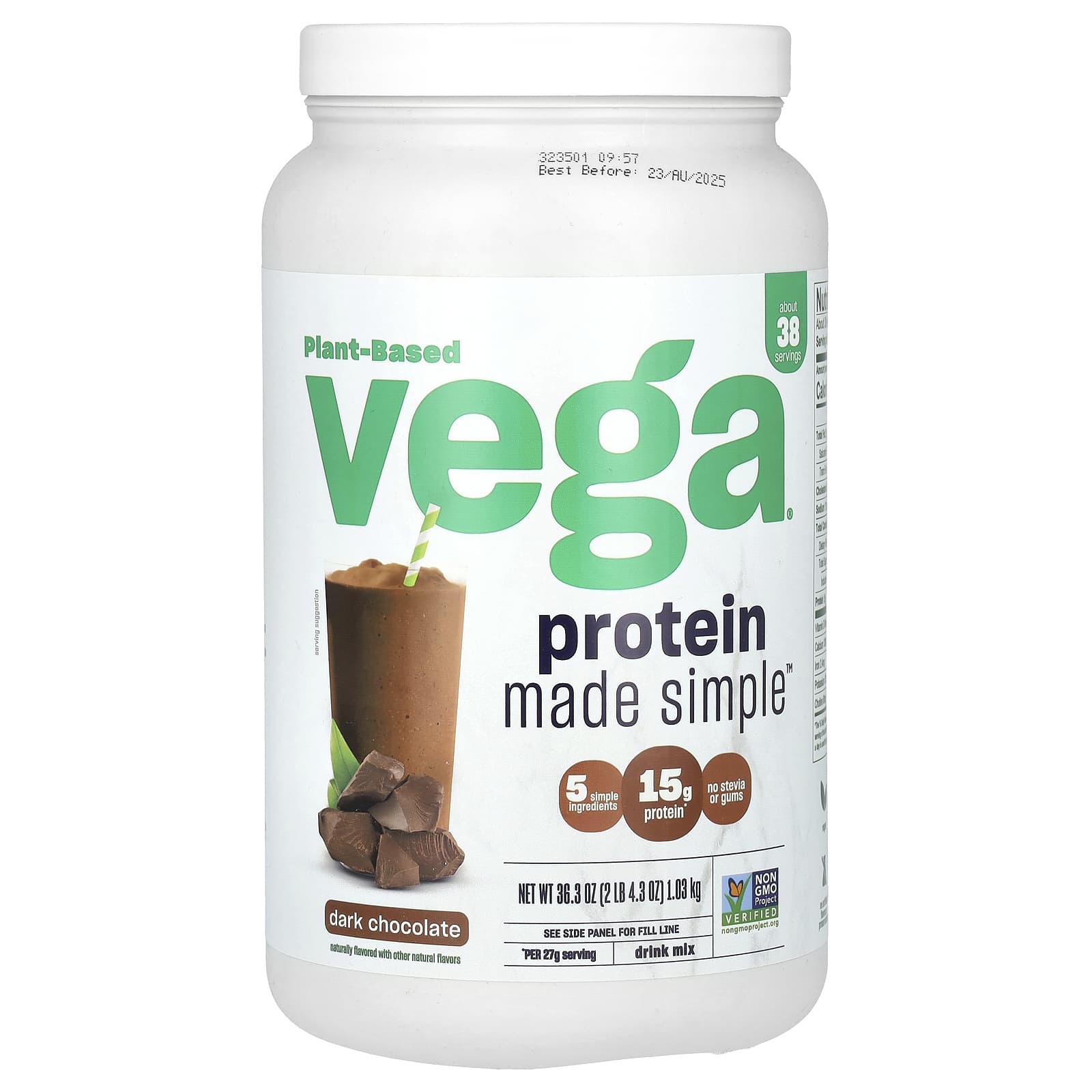Vega, Plant-Based Protein Made Simple, Dark Chocolate, 2 lb 4.3 oz  (1.03 kg) - Image 1