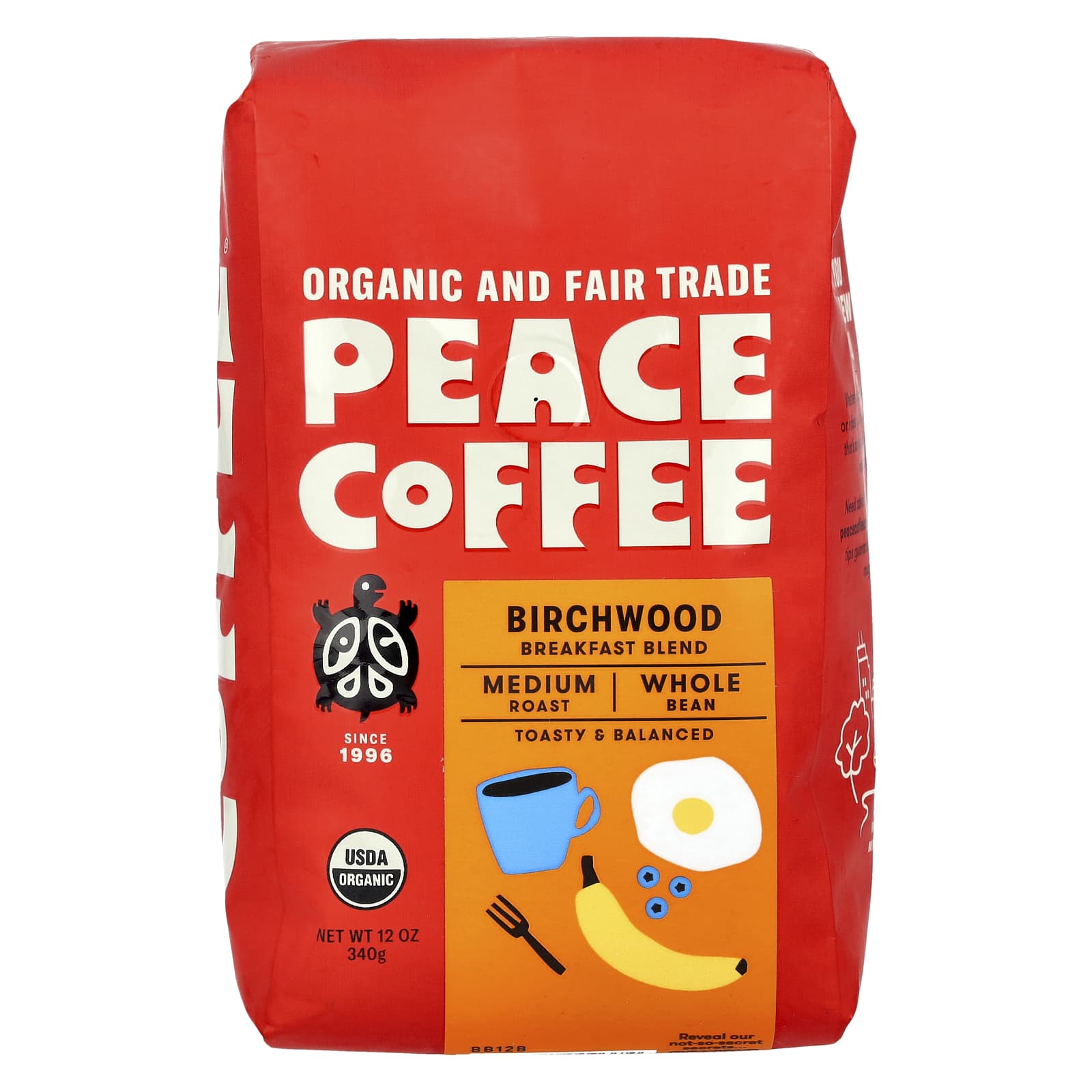 Peace Coffee, Organic Birchwood Breakfast Blend, Whole Bean, Medium Roast, 12 oz (340 g) - Image 1