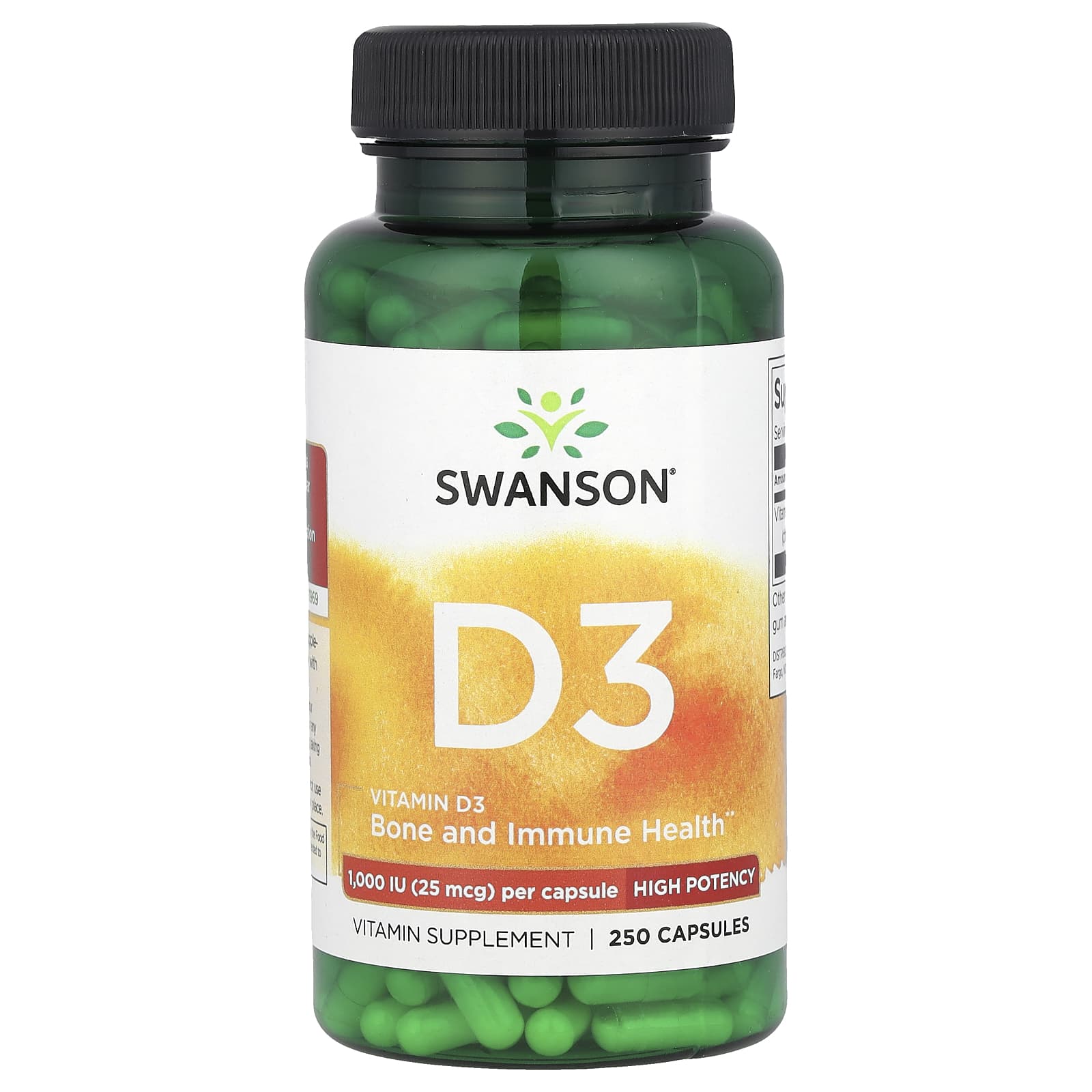 Swanson, Vitamin D3, High Potency, 25 mcg (1,000 IU), 250 Capsules - Image 1