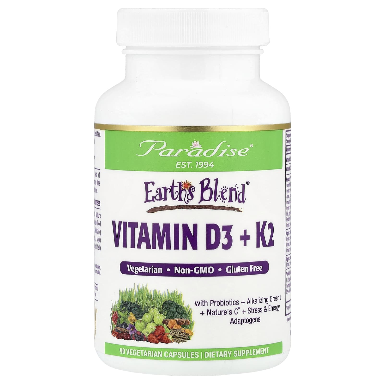 Paradise Herbs, Earth's Blend®, Vitamin D3 + K2, 90 Vegetarian Capsules - Image 1