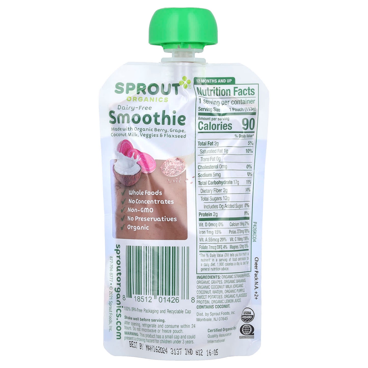Sprout Organics, Baby Food, Dairy-Free Smoothie, 12 Months & Up , Berry, Grape, Coconut Milk, Veggies & Flaxseed, 4 oz (113 g) - Image 2