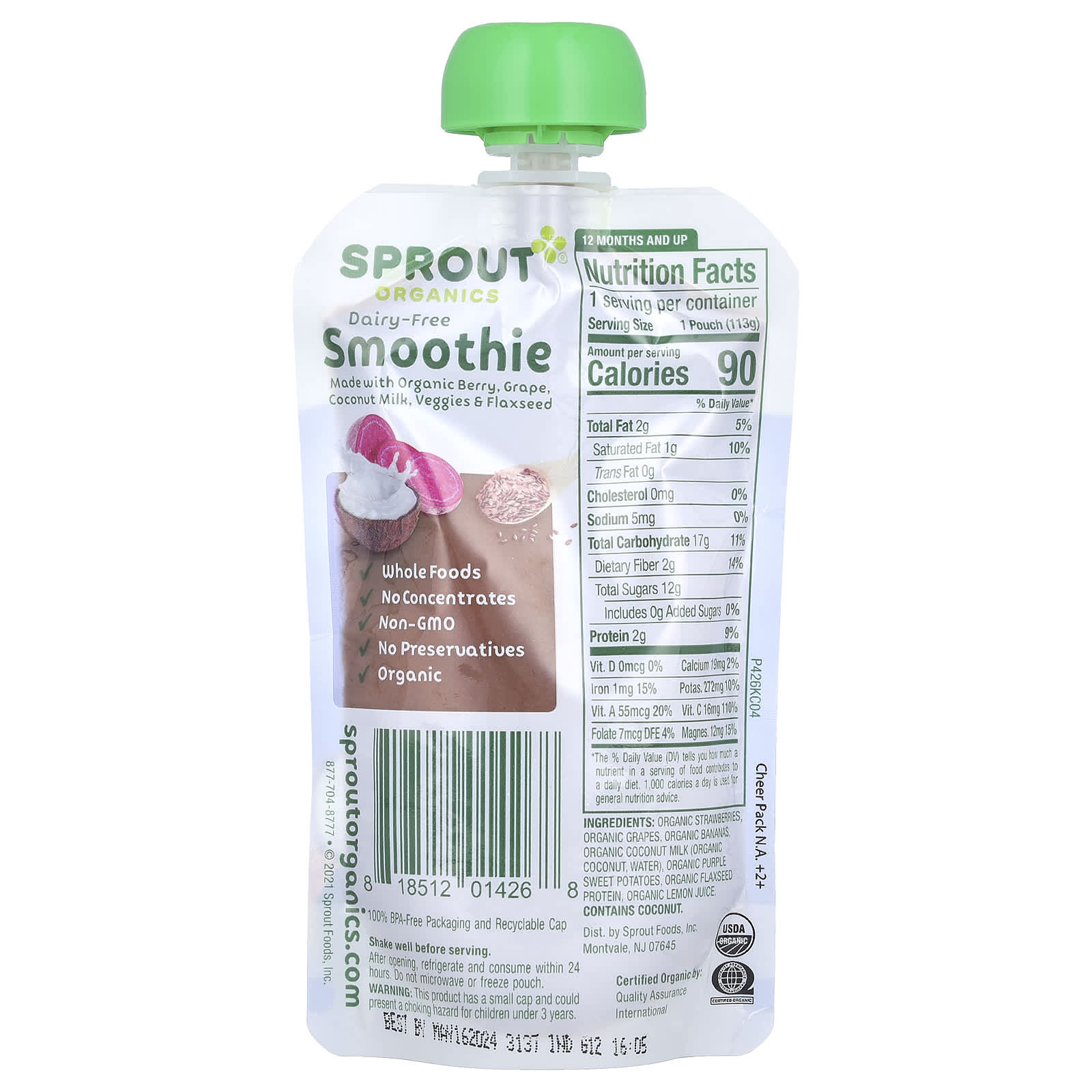 Sprout Organics, Baby Food, Dairy-Free Smoothie, 12 Months & Up , Berry, Grape, Coconut Milk, Veggies & Flaxseed, 4 oz (113 g) - Image 2