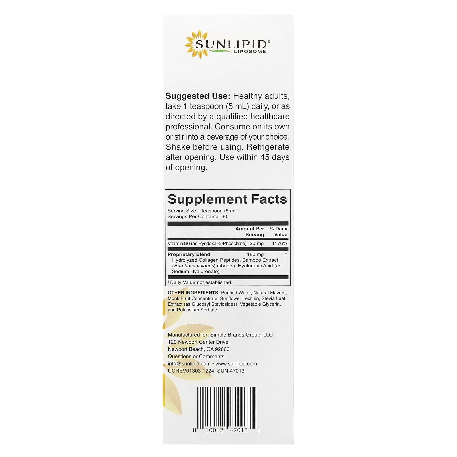 Sunlipid, Liposomal Collagen Peptides + Hyaluronic Acid, 5.07 fl oz (150 ml) - Image 2