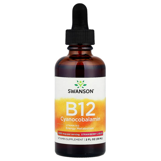 Swanson, B12 Cyanocobalamin Liquid, Strawberry, 2 fl oz (59 ml) (1,000 mcg per Serving) - Image 1
