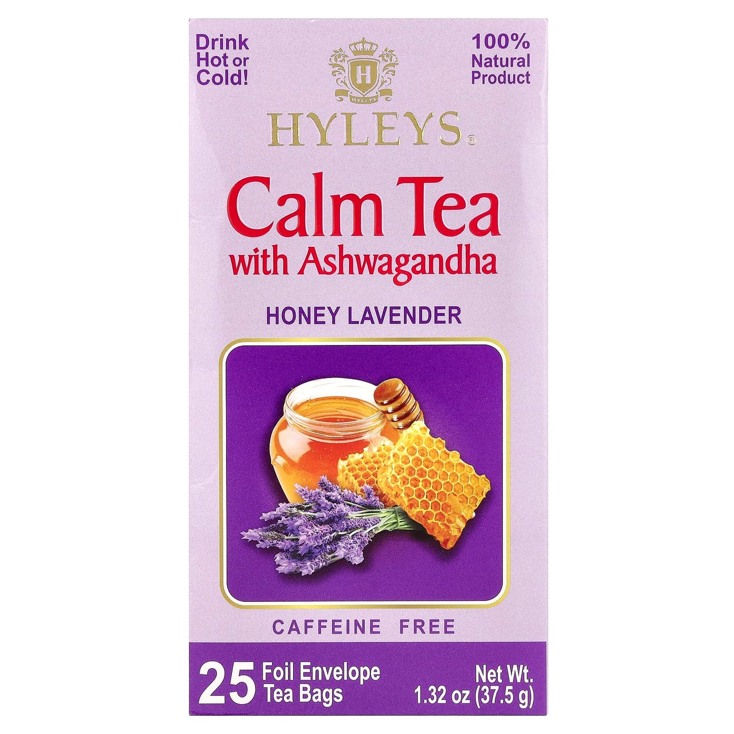 Calm Tea with Ashwagandha & Honey Lavender - 25 Tea Bags, Caffeine Free - Image 1
