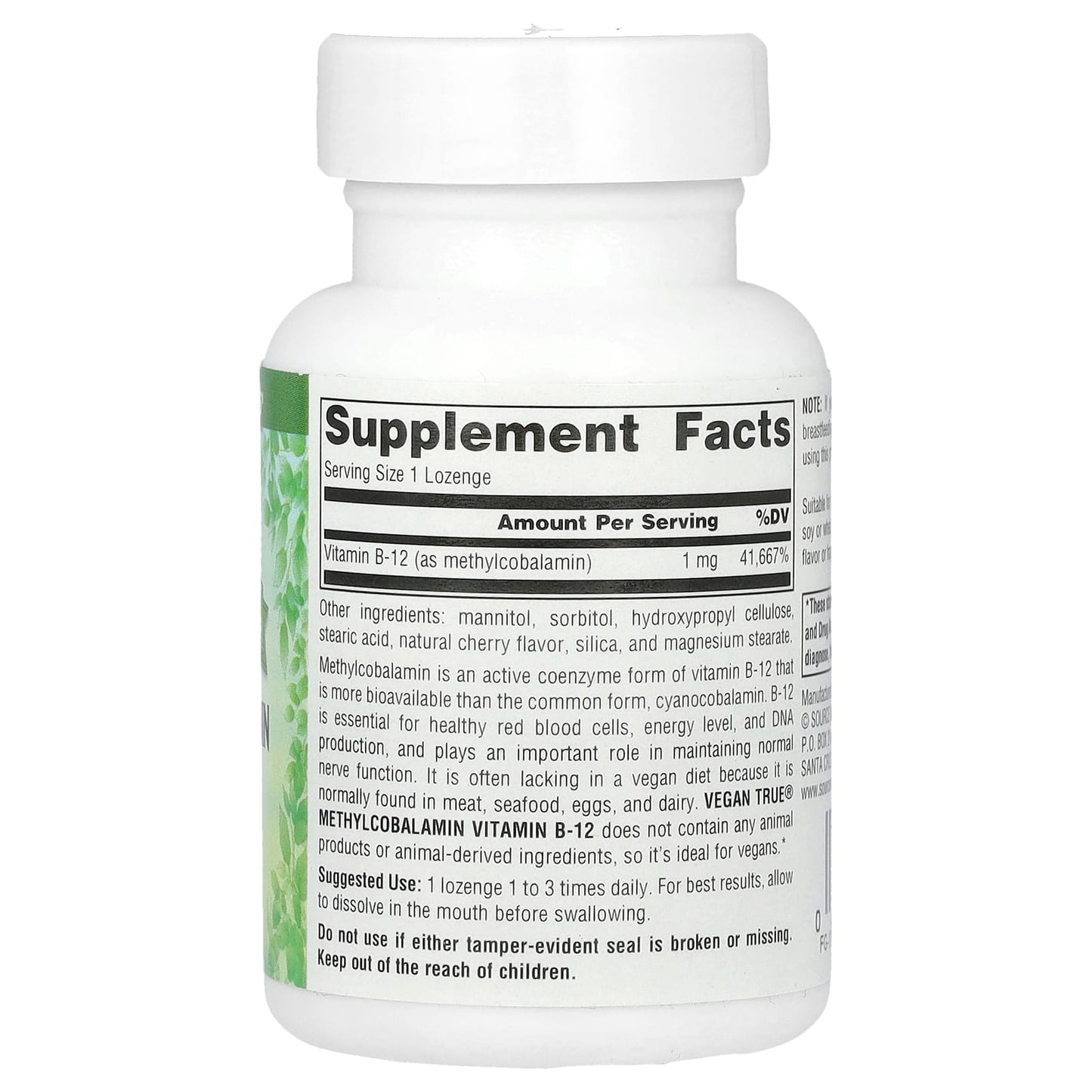 Source Naturals, Vegan True, MethylCobalamin Vitamin B-12, Cherry , 1 mg, 60 Lozenges - Image 2