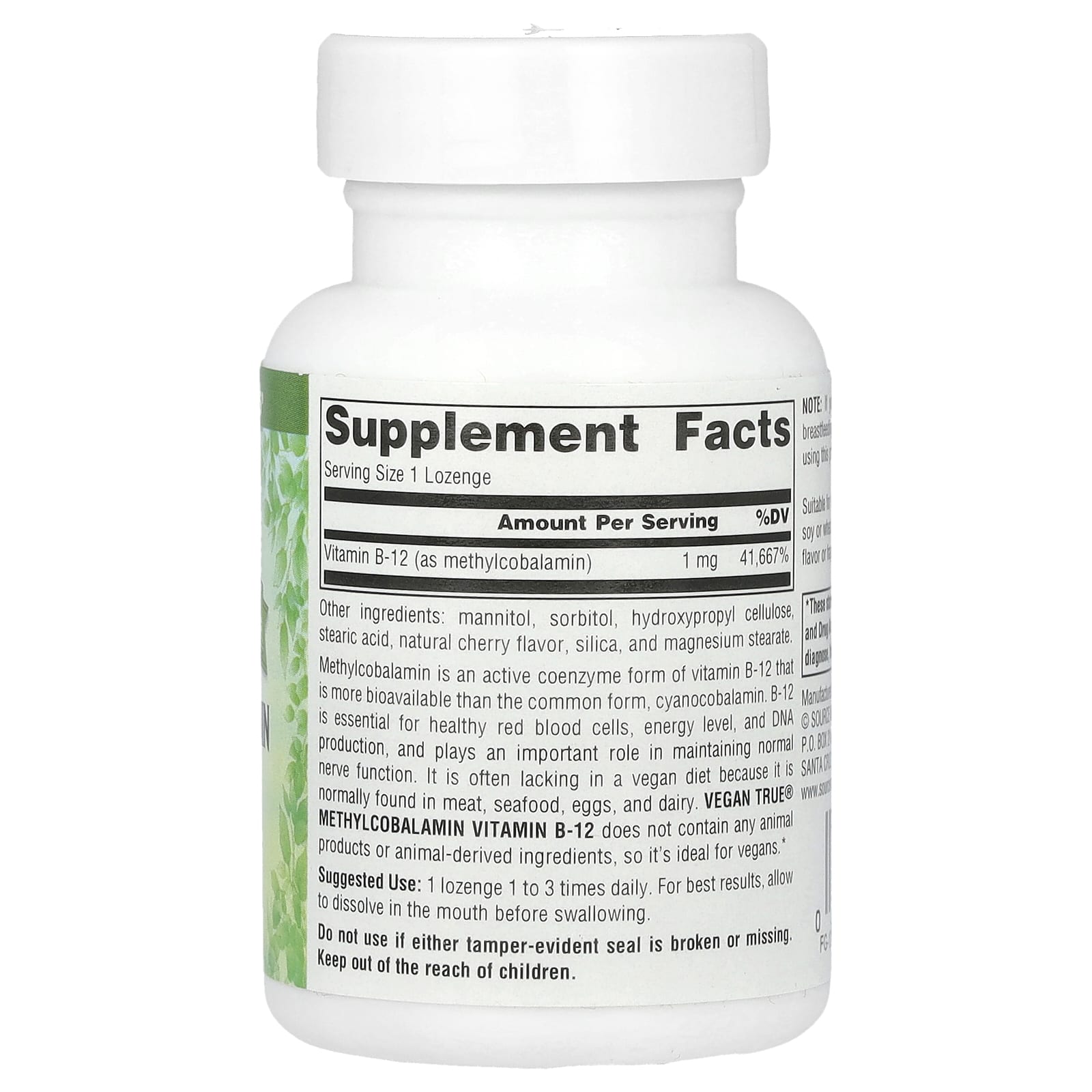 Source Naturals, Vegan True, MethylCobalamin Vitamin B-12, Cherry , 1 mg, 60 Lozenges - Image 2