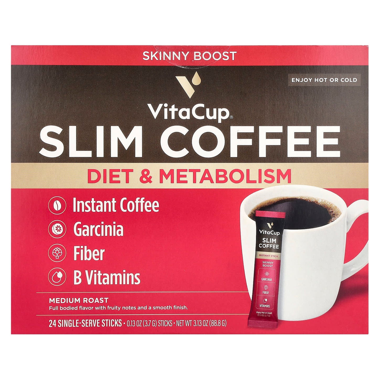 VitaCup, Slim Instant Coffee, Medium Roast, 24 Single Serve Sticks, 0.13 oz (3.7 g) Each - Image 1