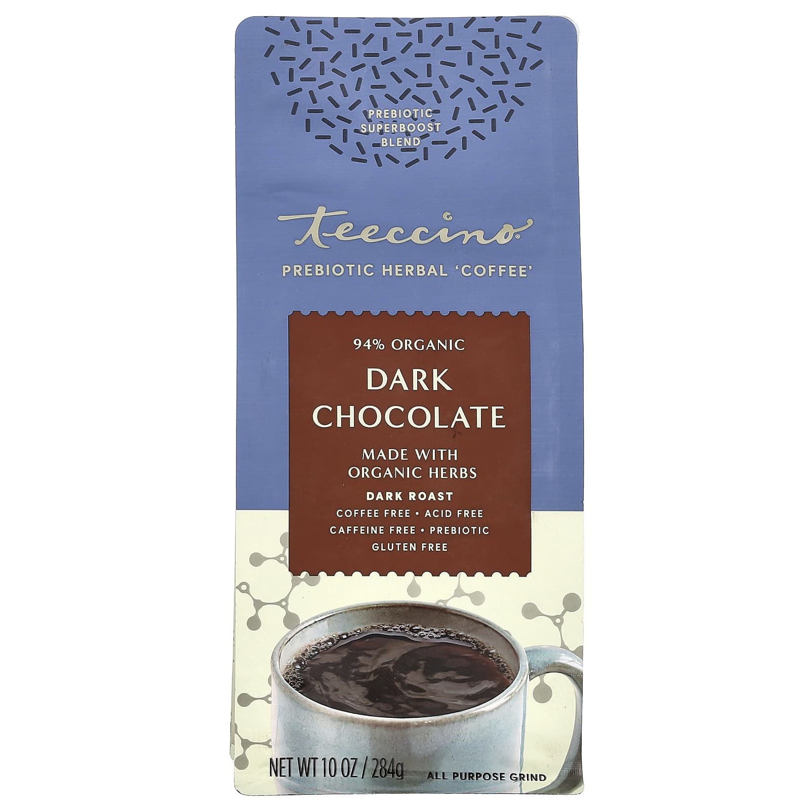 Teeccino, Prebiotic Herbal Coffee, Dark Chocolate, Dark Roast, Caffeine Free, 10 oz (284 g) - Image 1