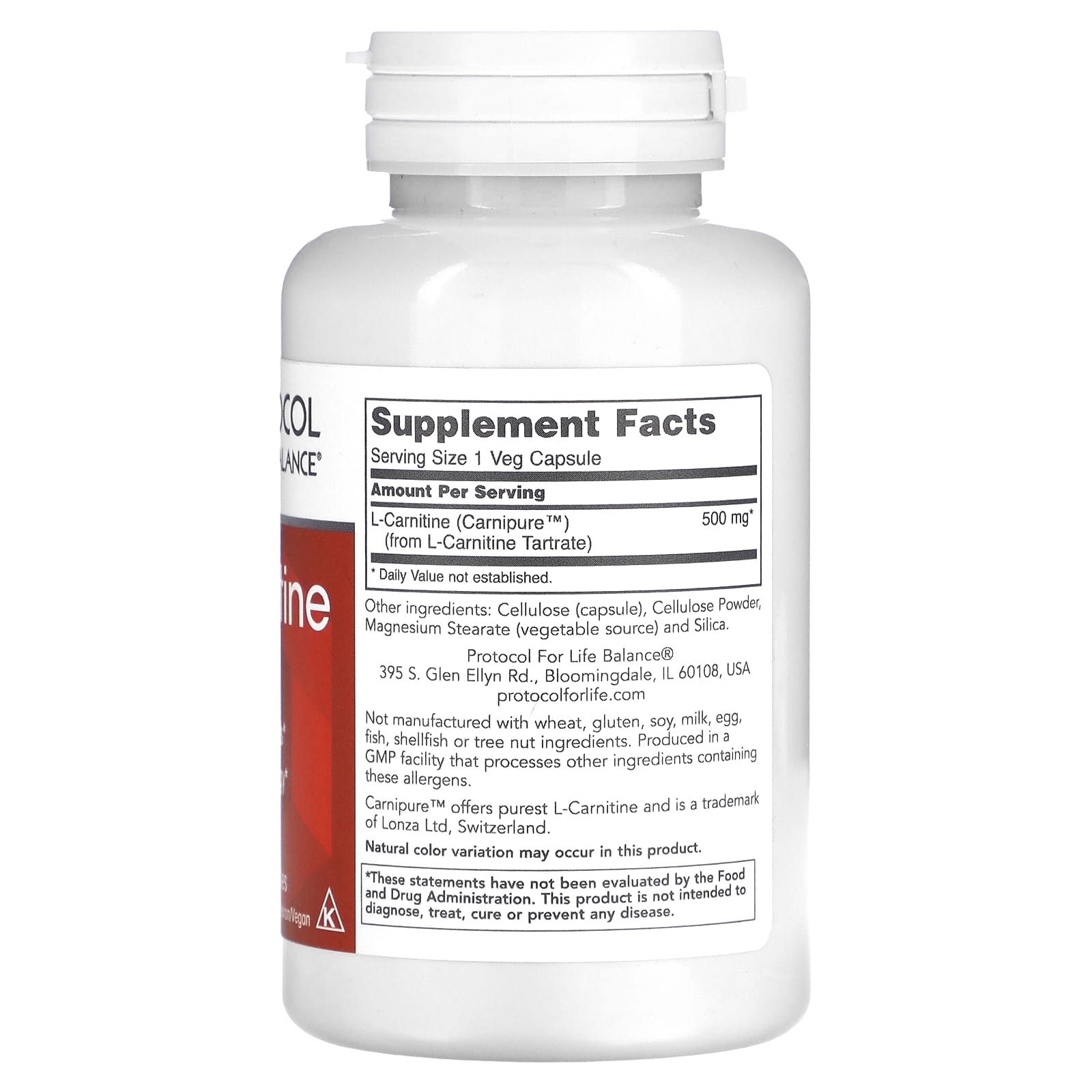 Protocol for Life Balance, L-Carnitine, 500 mg, 60 Veg Capsules - Image 2