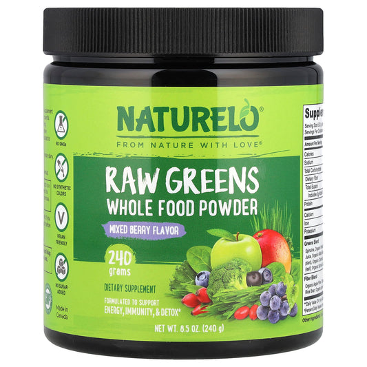 NATURELO, Raw Greens Whole Food Powder, Mixed Berry, 8.5 oz (240 g) - Image 1