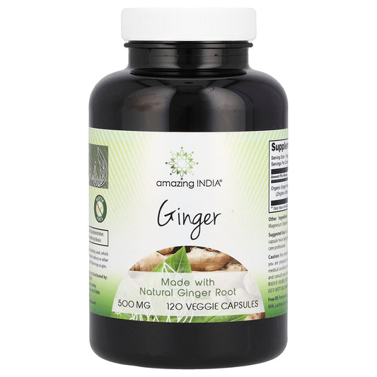 Amazing India Organic Ginger Root 500mg 120 Veggie Capsules - Image 1
