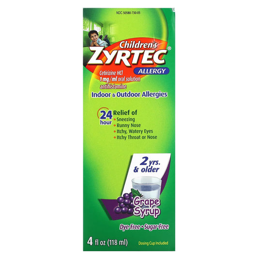 Zyrtec, Children's Allergy, Relief Syrup,  2+ Years, Grape, 5 mg, 4 fl oz (118 ml) - Image 1