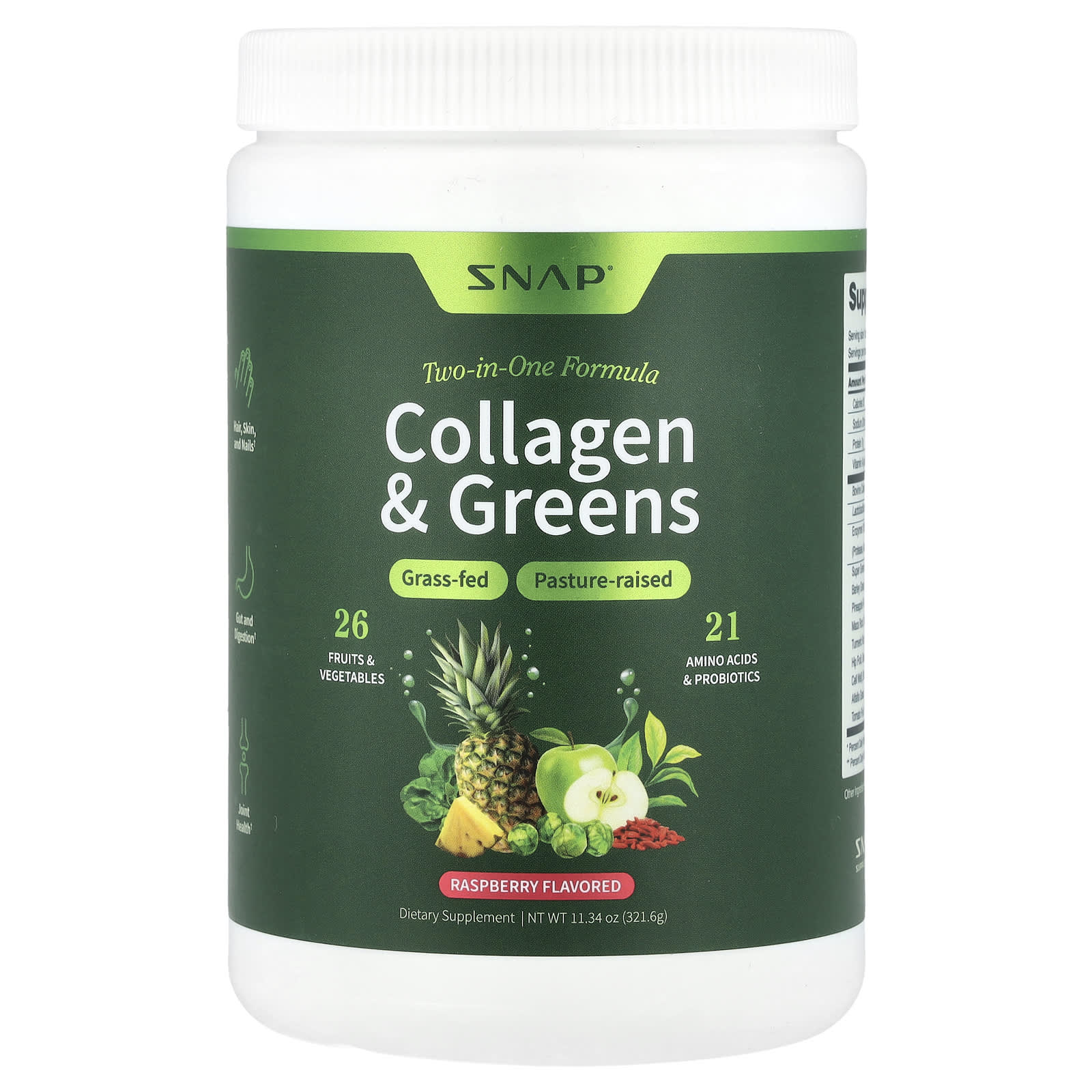 Snap Supplements, Collagen & Greens, Raspberry, 11.34 oz (321.6 g) - Image 1