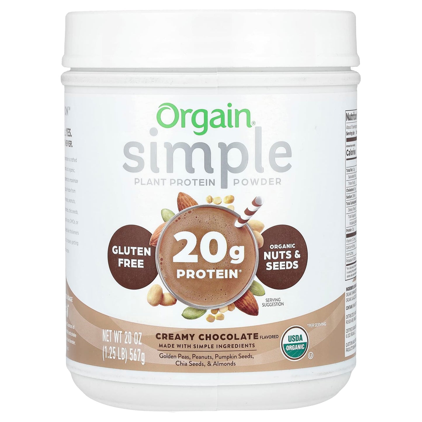 Orgain, Simple, Plant Protein Powder, Creamy Chocolate, 1.25 lb (567 g) - Image 1