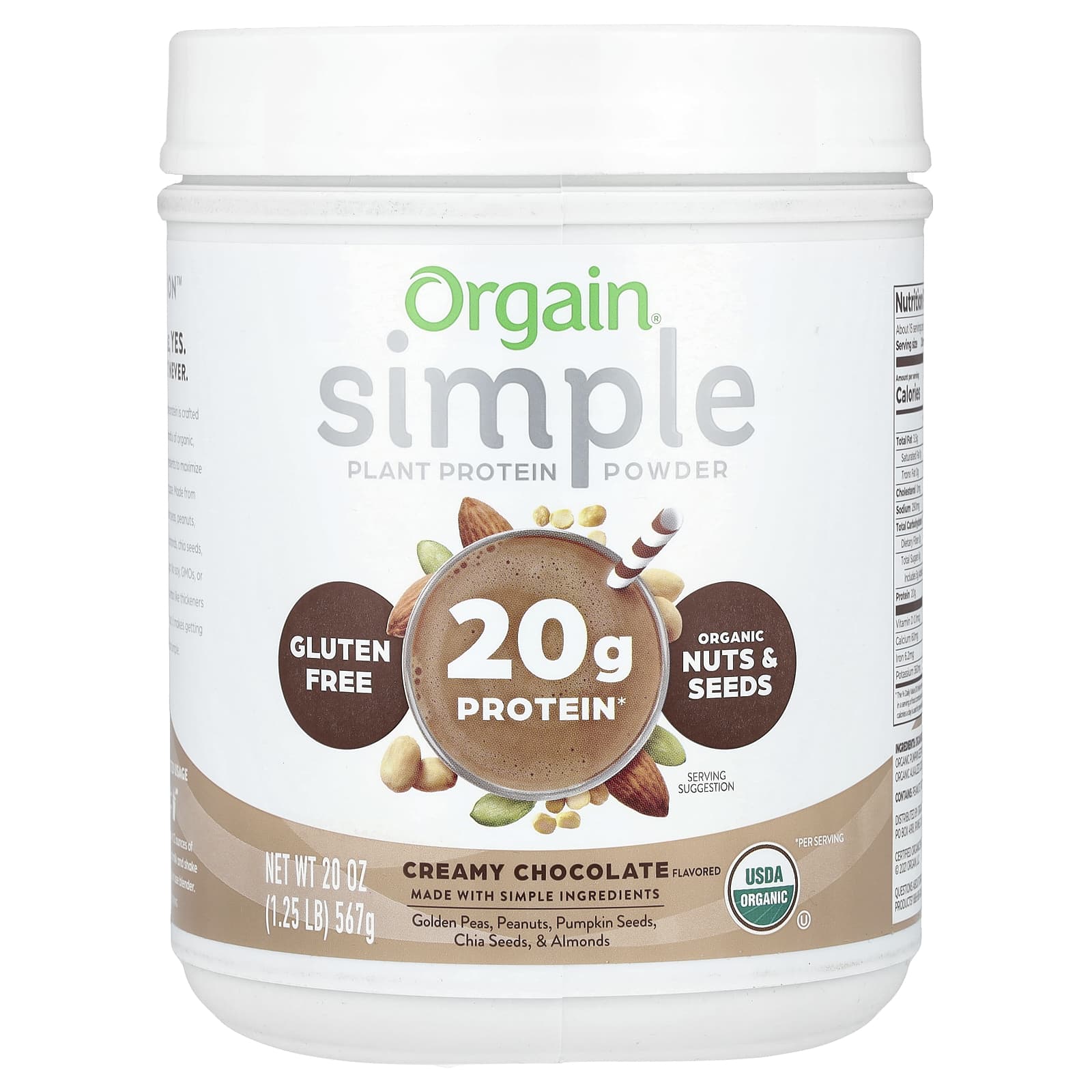 Orgain, Simple, Plant Protein Powder, Creamy Chocolate, 1.25 lb (567 g) - Image 1