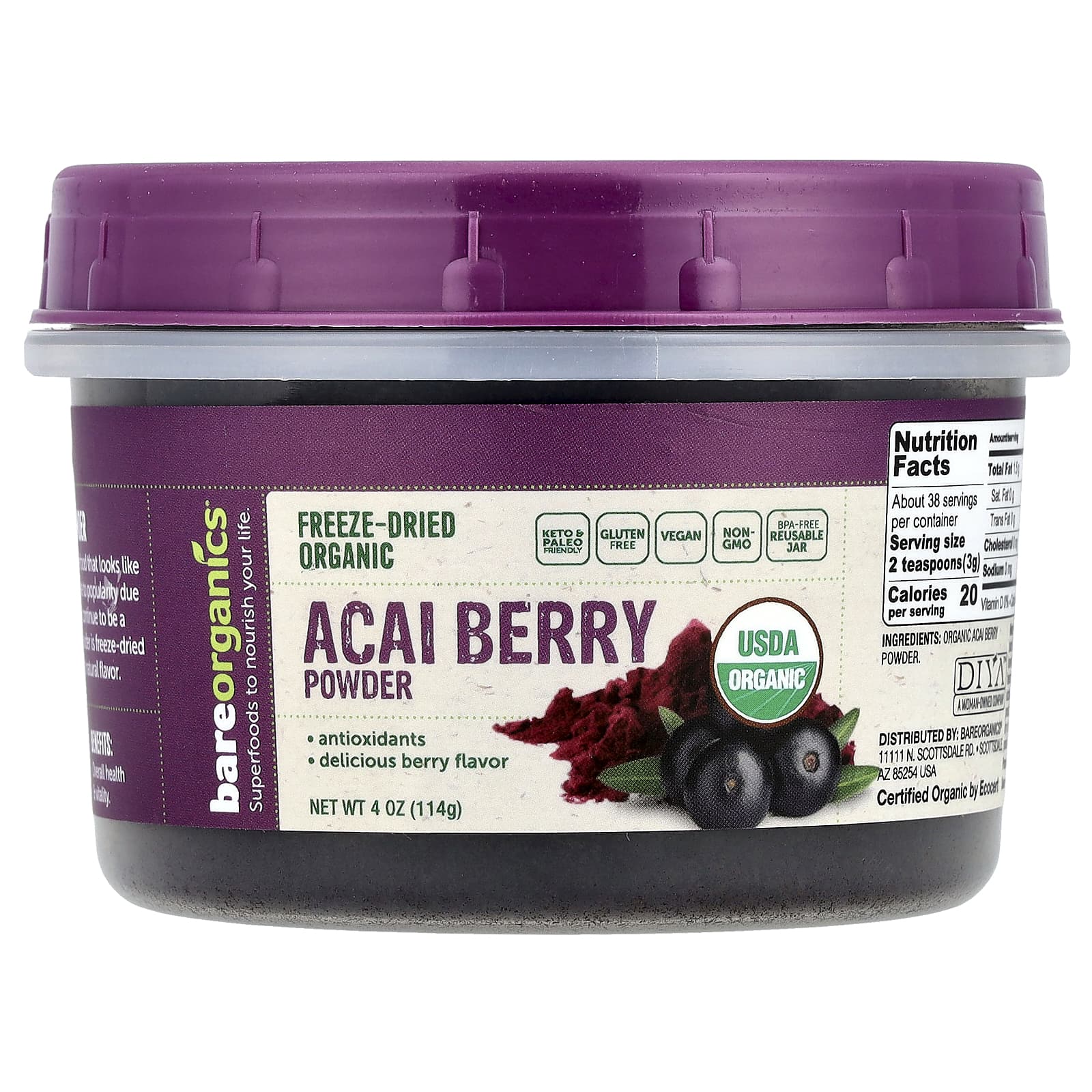 BareOrganics Freeze-Dried Organic Acai Berry Powder, 4 oz - Image 1