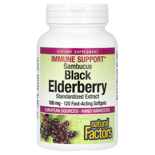 Natural Factors, Sambucus Black Elderberry, 100 mg, 120 Fast-Acting Softgels - Image 1