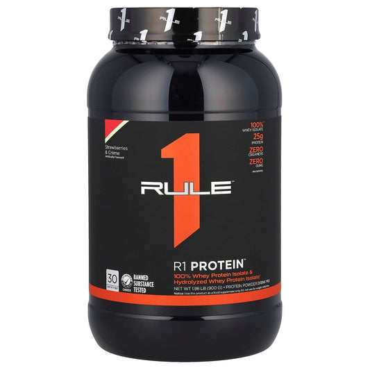 Rule One Proteins, R1 Protein Powder Drink Mix, Strawberries & Creme, 1.98 lb (900 g) - Image 1
