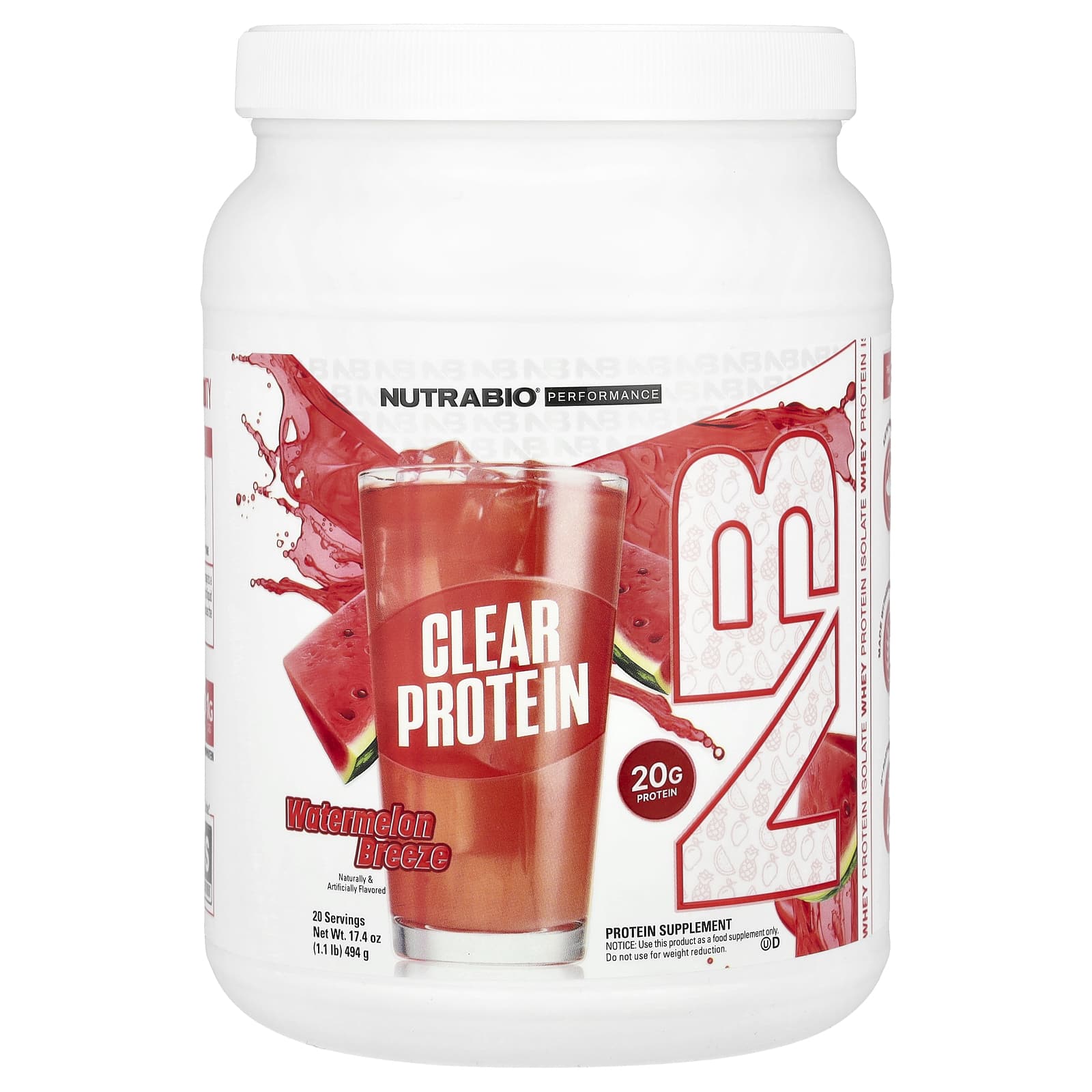 NutraBio, Performance, Clear Protein, Watermelon Breeze, 1.1 lb (494 g) - Image 1