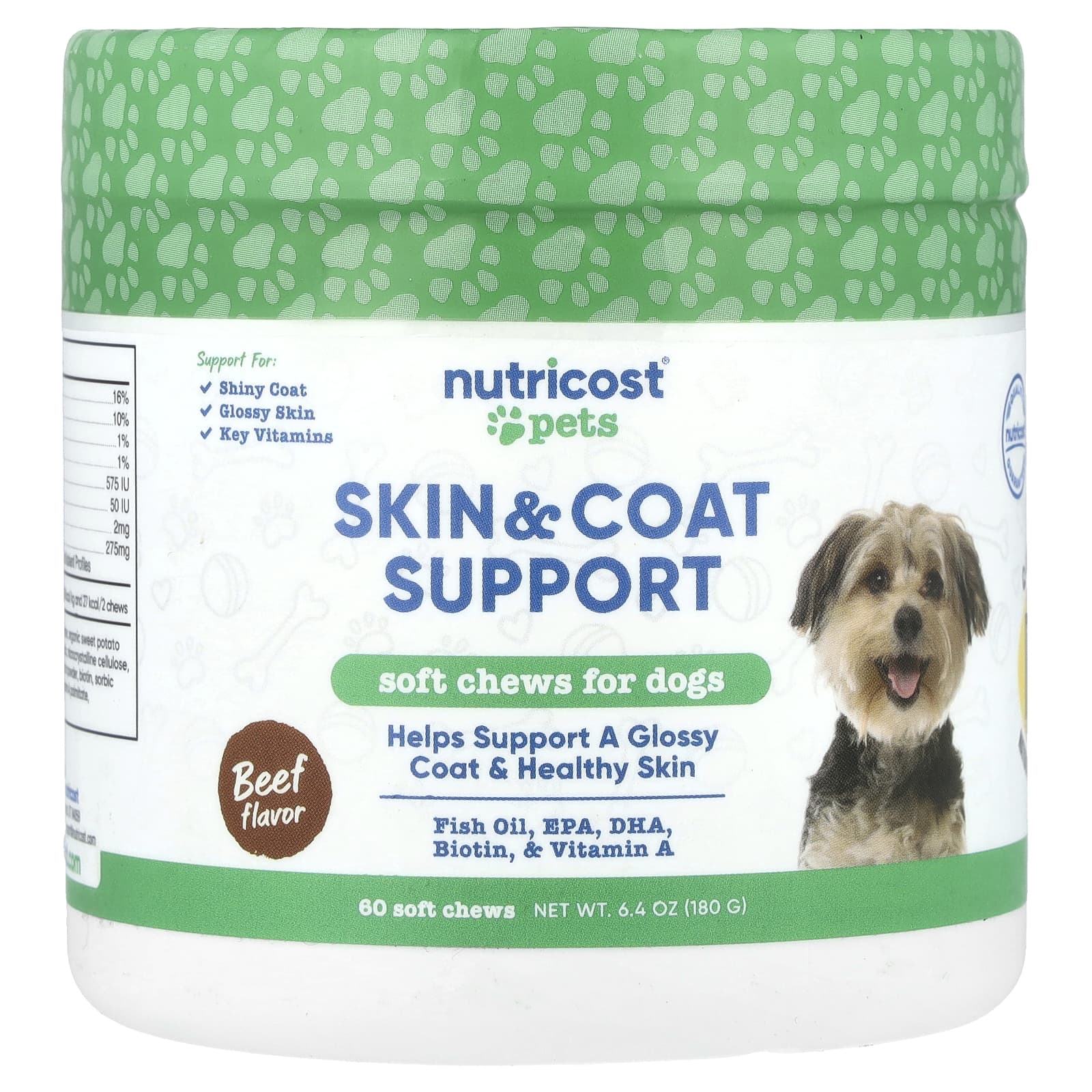 Nutricost, Pets, Skin & Coat Support, For Dogs, Beef, 60 Soft Chews, 6.4 oz (180 g) - Image 1