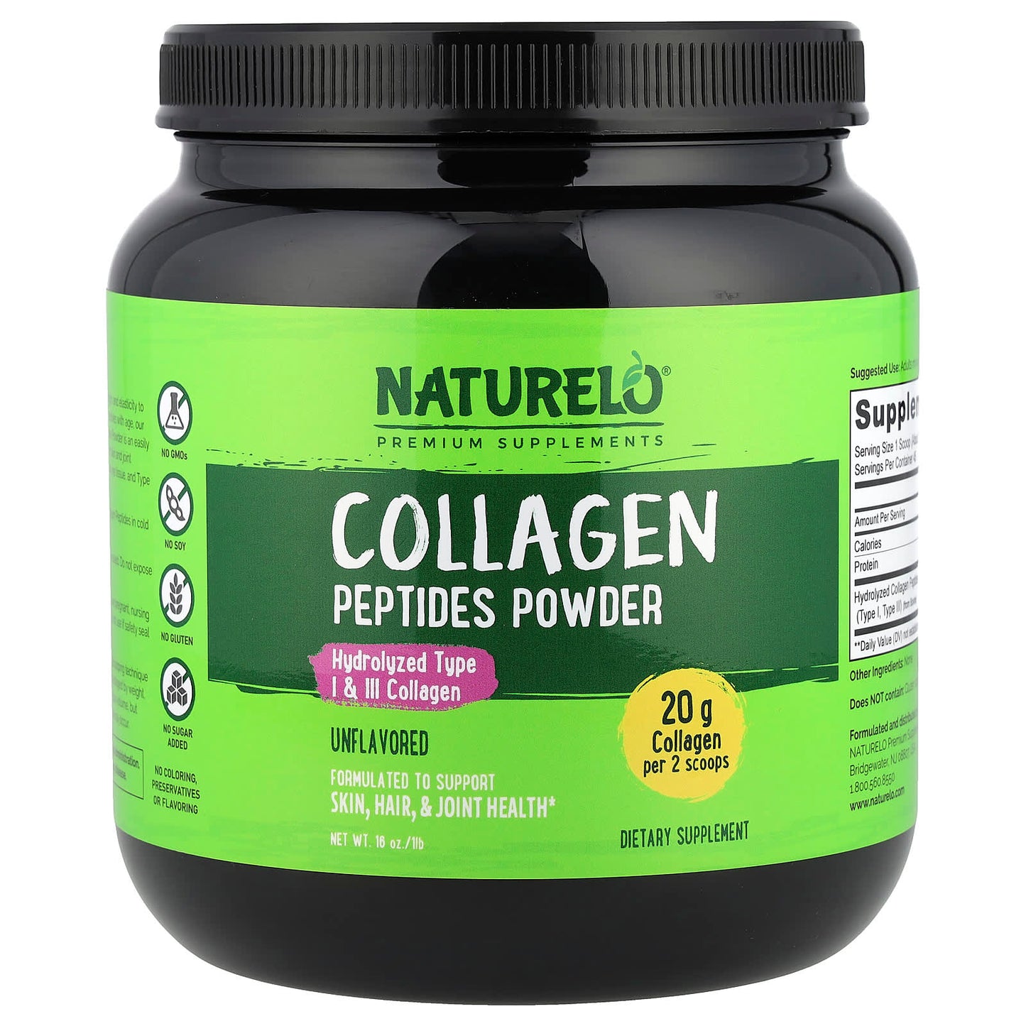 NATURELO, Collagen Peptides Powder, Unflavored, 1 lb (16 oz) - Image 1