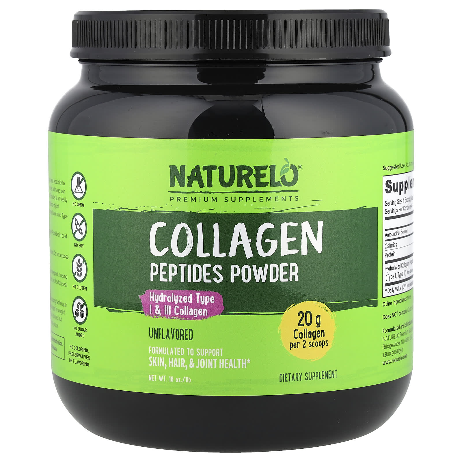 NATURELO, Collagen Peptides Powder, Unflavored, 1 lb (16 oz) - Image 1