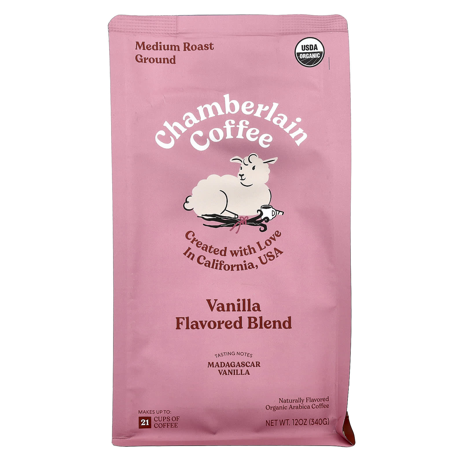 Organic Vanilla Coffee, Medium Roast, Chamberlain Coffee, 12 oz - Image 1