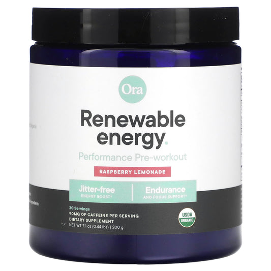 Ora, Renewable Energy, Performance Pre-Workout, Raspberry Lemonade, 7.1 oz (200 g) - Image 1