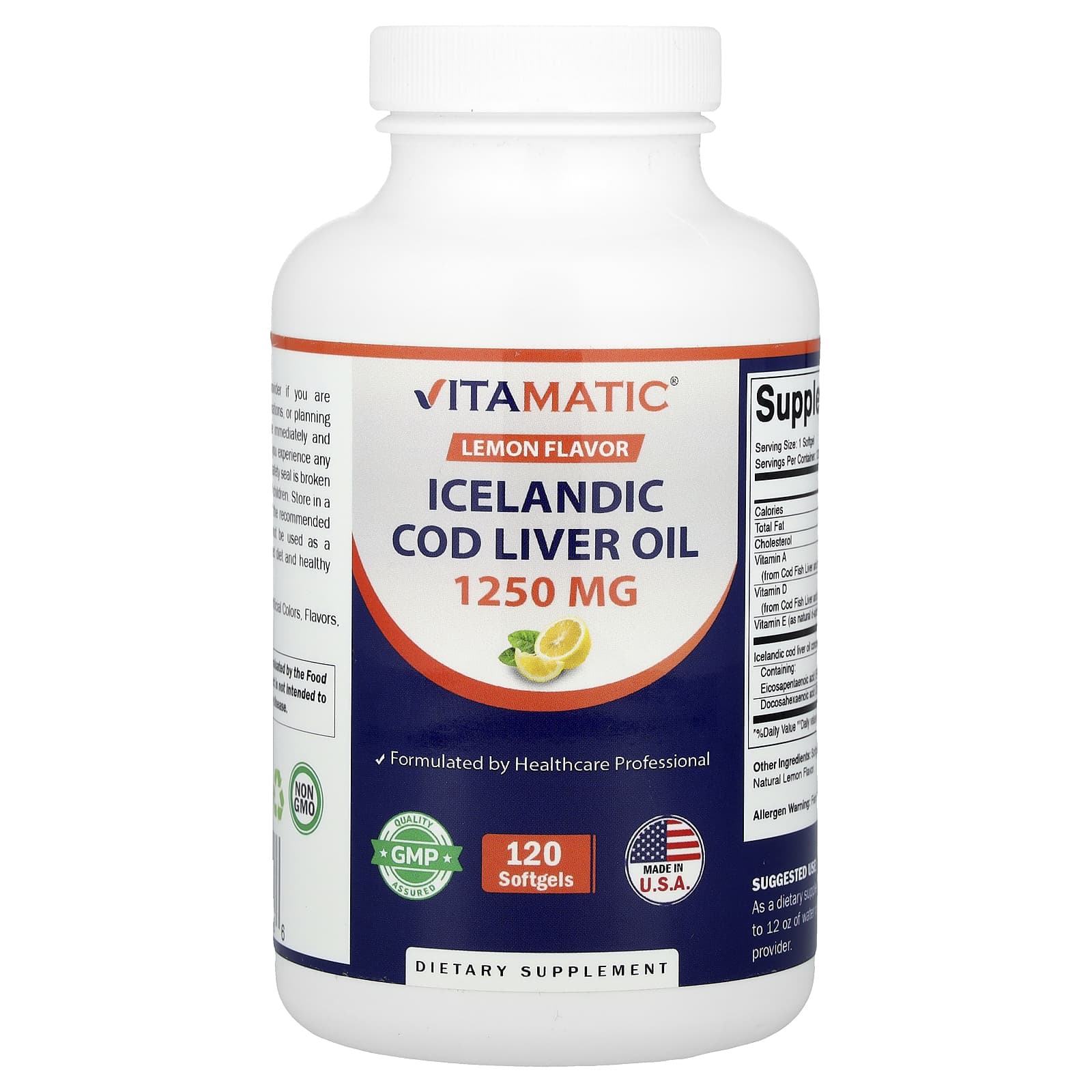 Vitamatic, Icelandic Cod Liver Oil, Lemon, 120 Softgels - Image 1