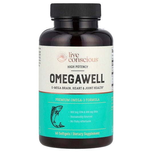 Live Conscious, OmegaWell, Premium Omega-3 Formula, High Potency, 60 Softgels (1,000 mg per Softgel) - Image 1