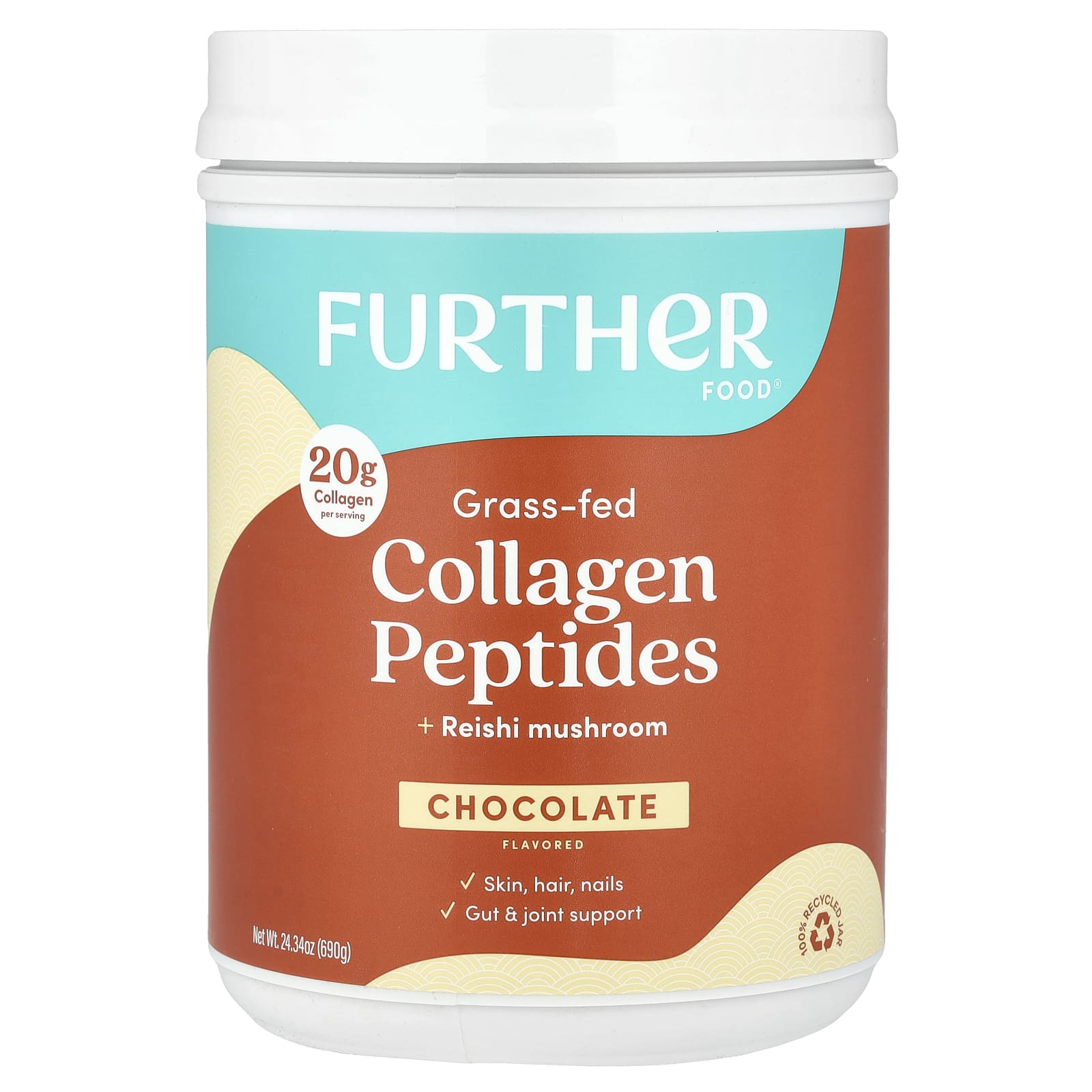 Further Food, Grass-Fed Collagen Peptides + Reishi Mushroom, Chocolate, 24.34 oz (690 g)