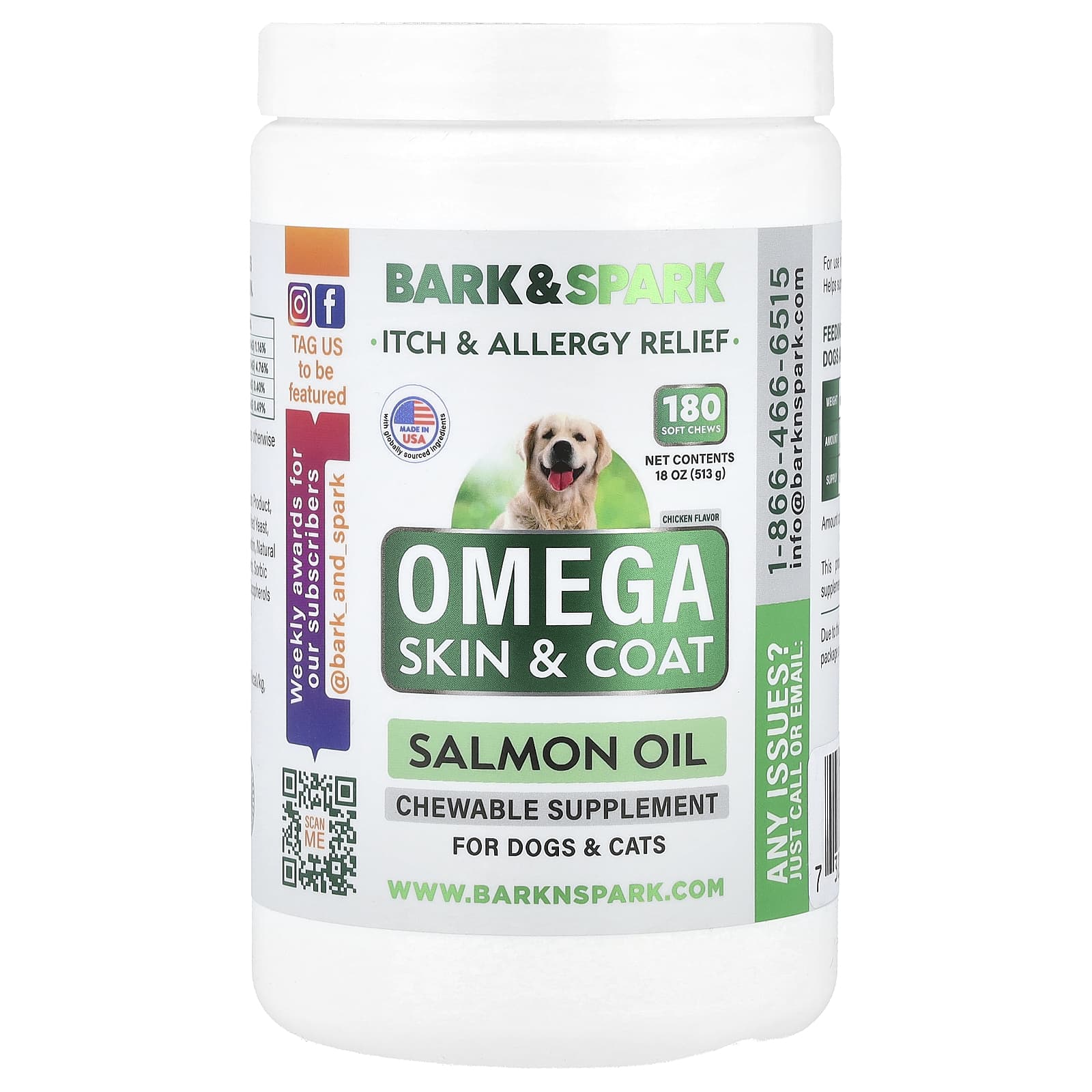 Bark&Spark, Omega Skin & Coat, Salmon Oil, For Dogs & Cats, Chicken, 180 Soft Chews, 18 oz (513 g)