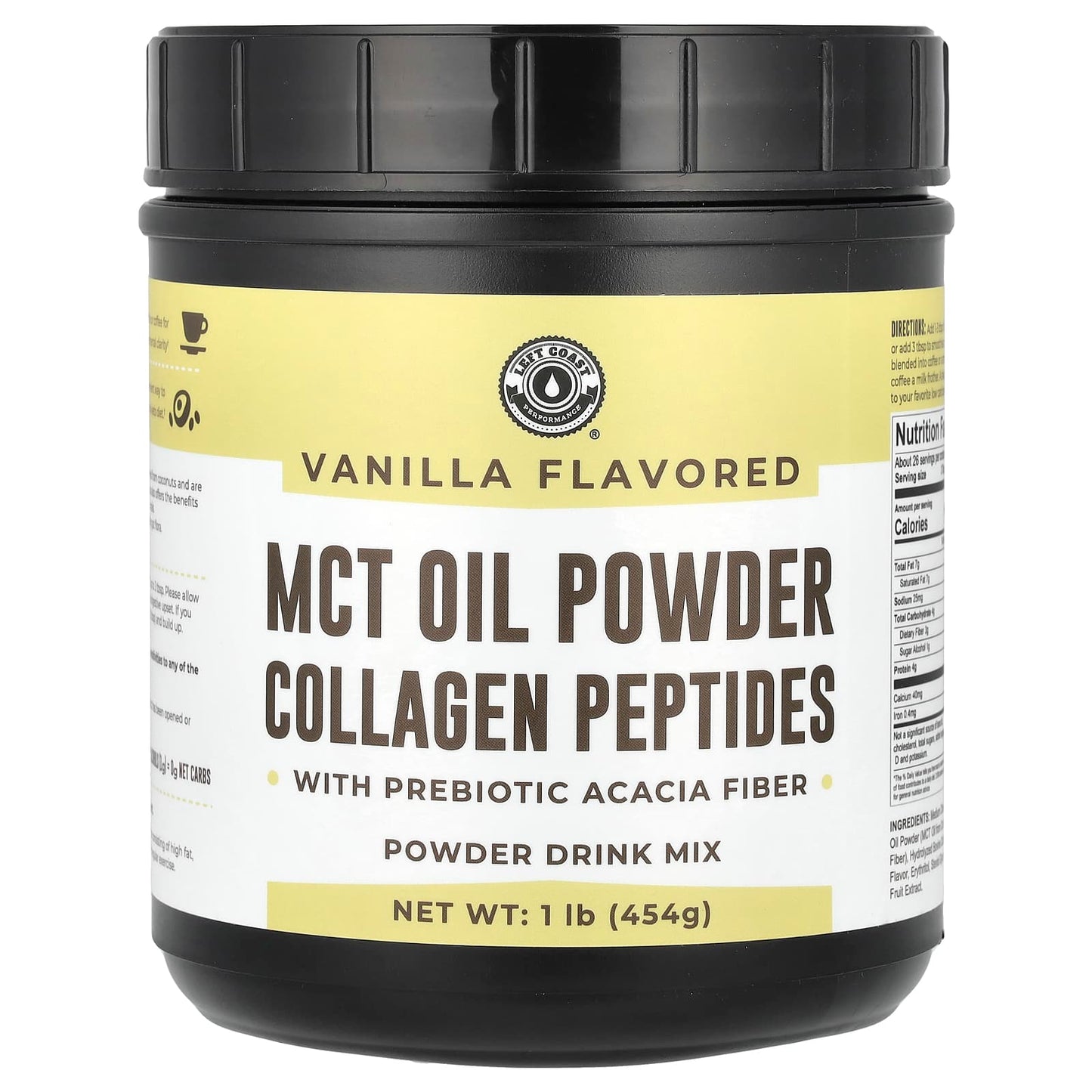 Left Coast Performance, MCT Oil Powder Collagen Peptides with Prebiotic Acacia Fiber, Vanilla, 1 lb (454 g) - Image 1