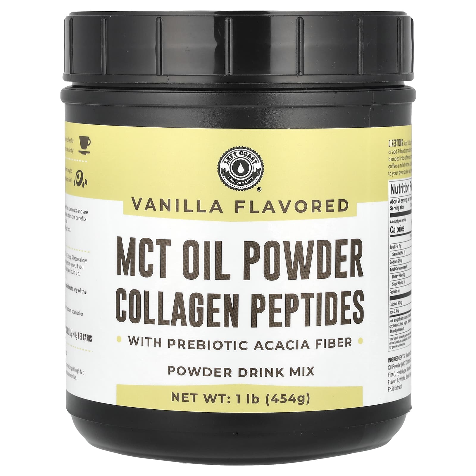 Left Coast Performance, MCT Oil Powder Collagen Peptides with Prebiotic Acacia Fiber, Vanilla, 1 lb (454 g) - Image 1