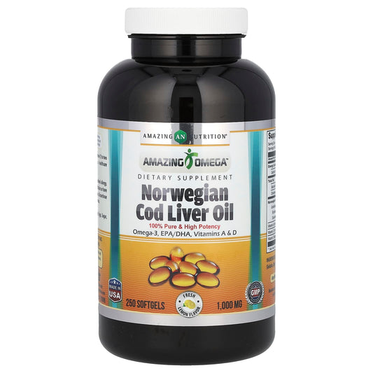 Norwegian Cod Liver Oil with Omega-3, 1000mg, 250 Softgels - Amazing Nutrition - Image 1