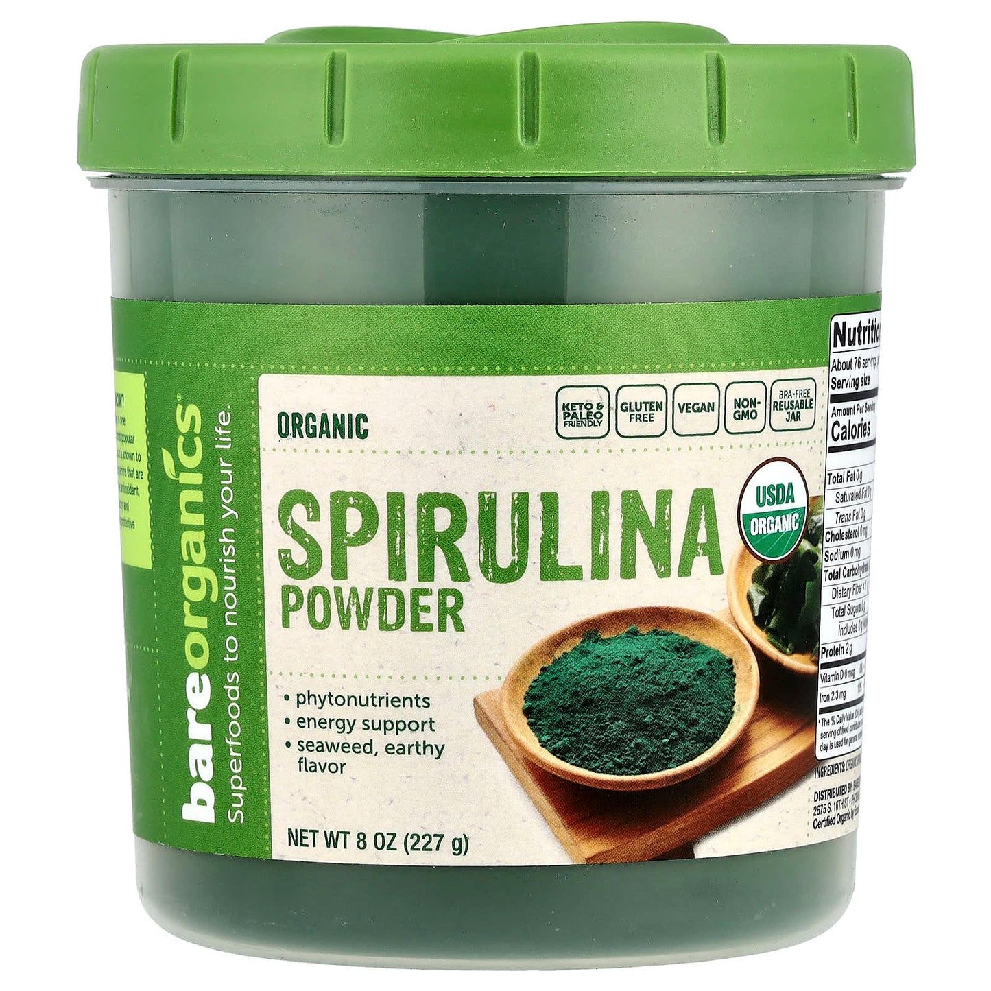 BareOrganics Organic Spirulina Powder 8 oz - Keto & Paleo Friendly - Image 1