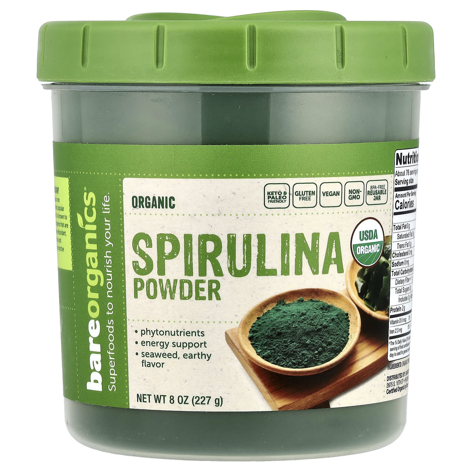 BareOrganics Organic Spirulina Powder 8 oz - Keto & Paleo Friendly - Image 1