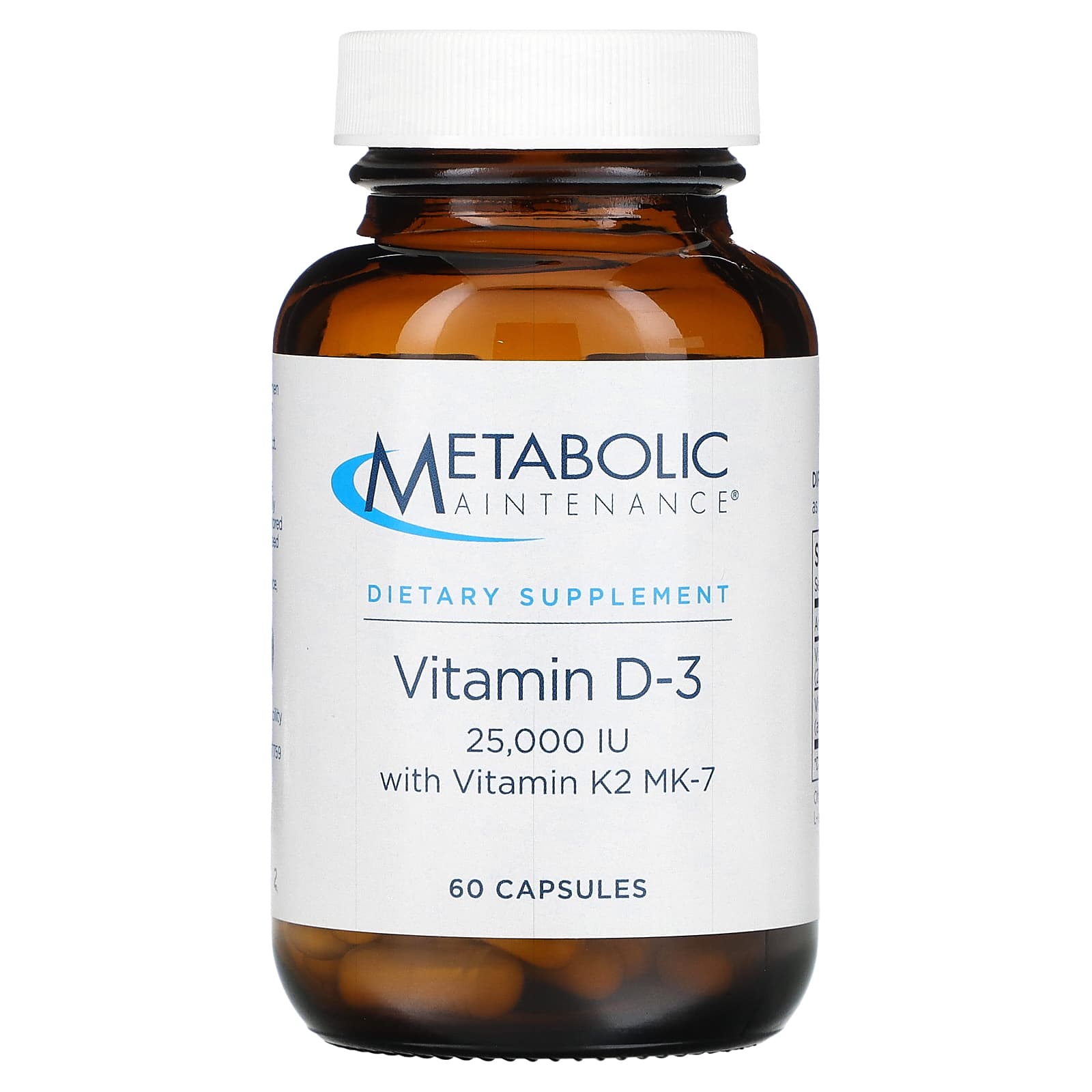 Metabolic Maintenance, Vitamin D-3 with Vitamin K2 MK-7, 25,000 IU, 60 Capsules - Image 1